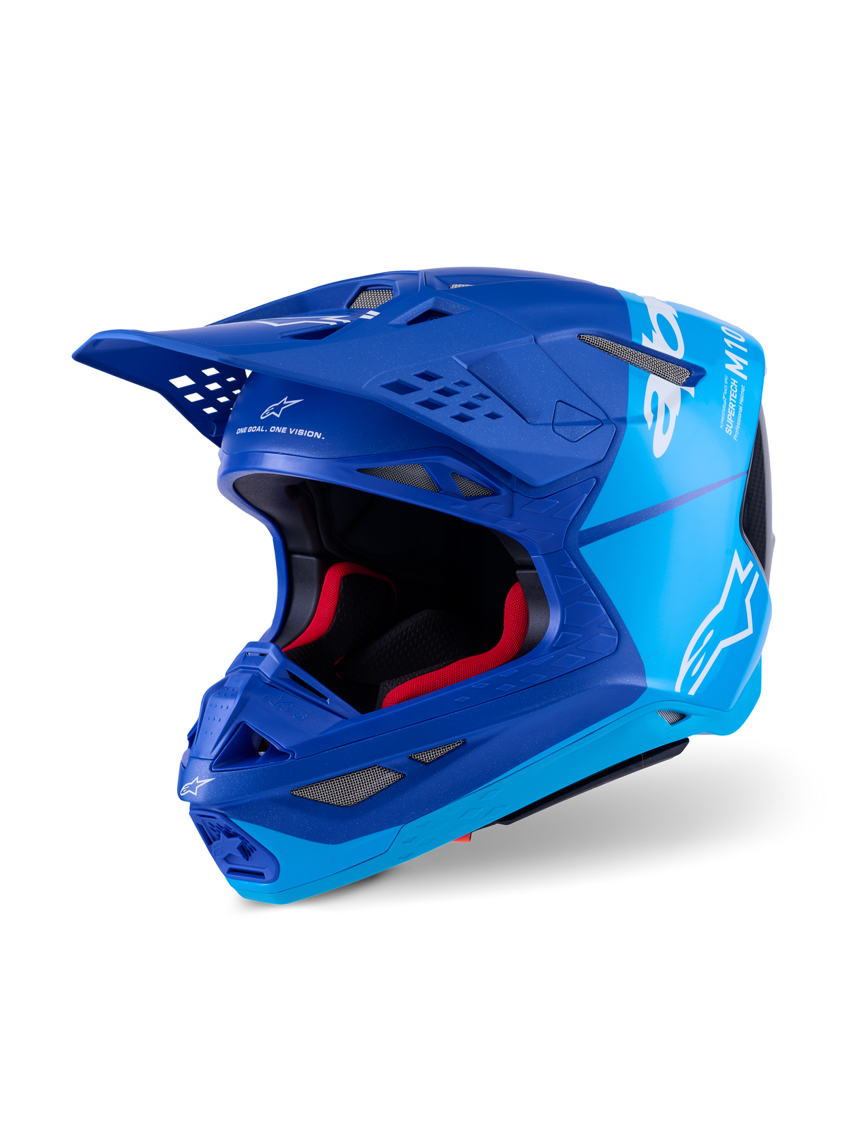 Kask Alpinestars Supertech M10 Flood, kask motocrossowy, metaliczny niebieski i niebieski medium blue z akcentami z czarnego włókna węglowego, białe logo i oznaczenia M10, liczne otwory wentylacyjne i czerwona wyściółka wewnętrzna, zaprojektowany dla profesjonalnych osiągów off-road