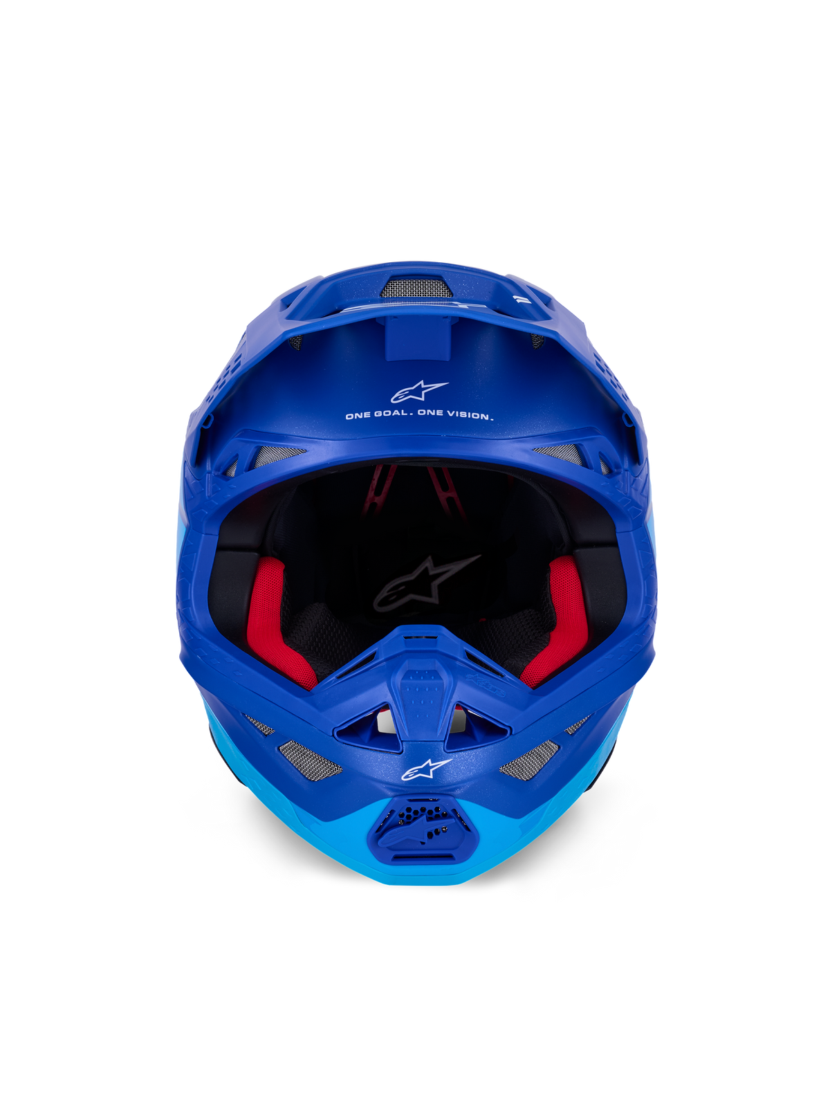 Kask Alpinestars Supertech M10 Flood ECE, kask motocrossowy, metaliczny i średni niebieski z czarnymi karbonowymi akcentami, widok z przodu ukazujący szczękę i otwór na gogle, białe logo i napisy Alpinestars, czerwona wyściółka wewnętrzna, profesjonalna ochrona off-road