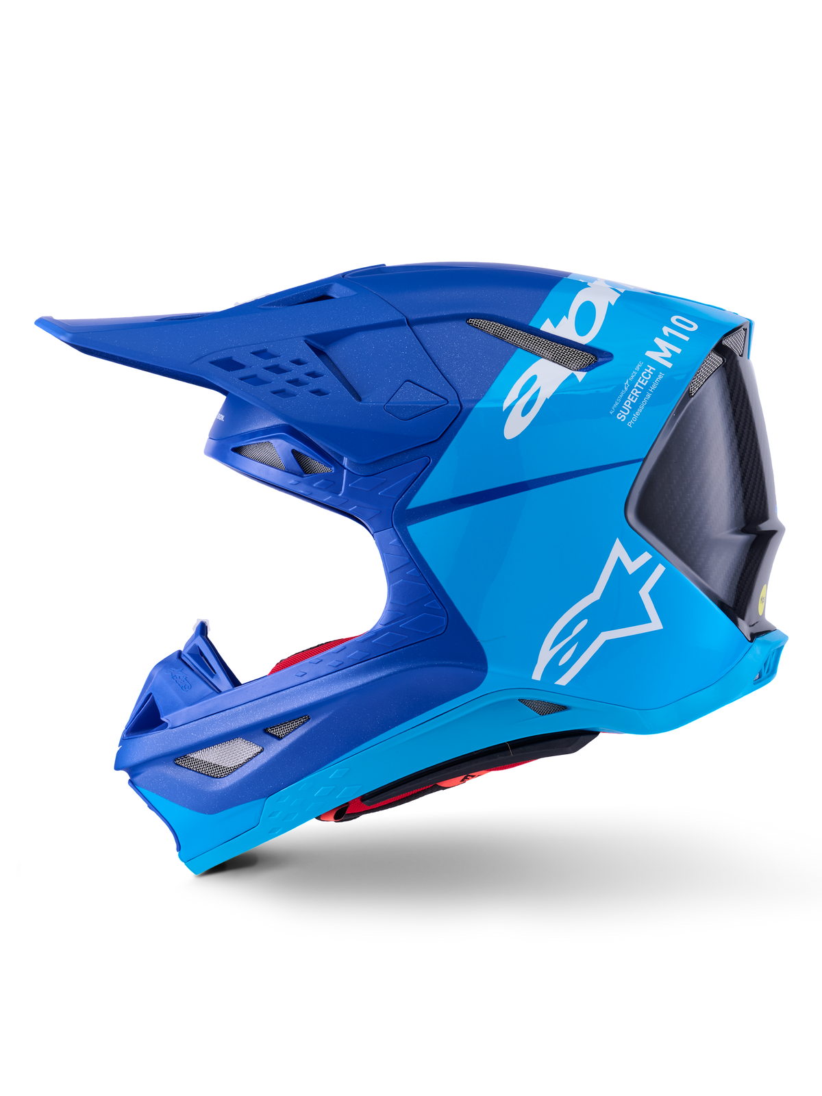 Kask Alpinestars Supertech M10 Flood, kask motocrossowy, metaliczny i średni niebieski z czarnym karbonem, widok z profilu prezentujący matowe i błyszczące wykończenie, białe logo Alpinestars i branding Supertech M10, zaawansowana ochrona głowy do wyścigów terenowych