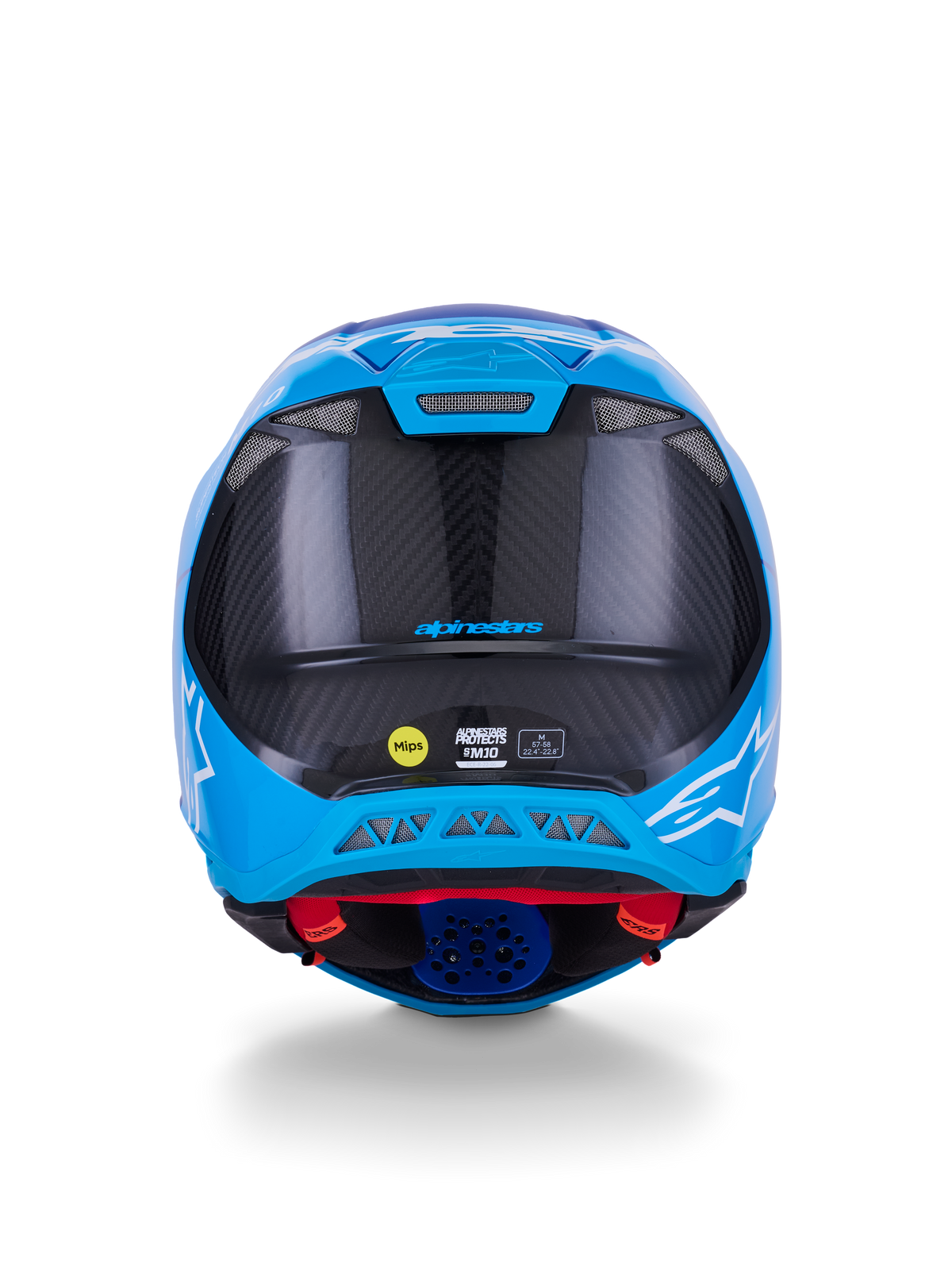 Kask Alpinestars Supertech M10 Flood, kask motocrossowy, metaliczny niebieski i średni niebieski z czarnym włóknem węglowym, widok z tyłu pokazujący teksturę karbonu 3K, białe logotypy gwiazdy, naklejka MIPS i wylotowe otwory wentylacyjne