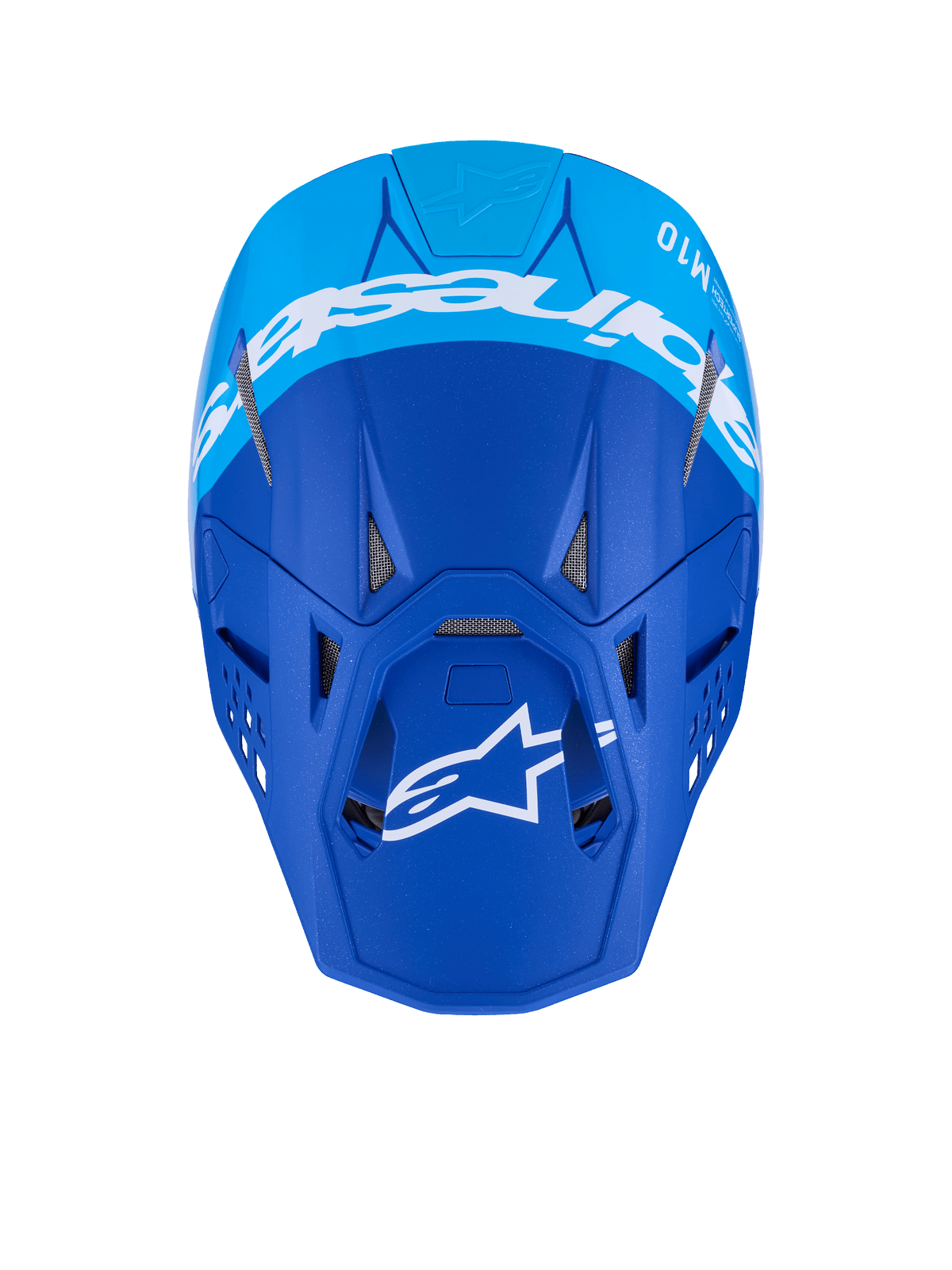 Kask Alpinestars Supertech M10 Flood, kask motocrossowy, ciemnoniebieski i jasnoniebieski, widok z góry z białym brandingiem Alpinestars i otworami wentylacyjnymi, matowe wykończenie, profesjonalny kask off-road