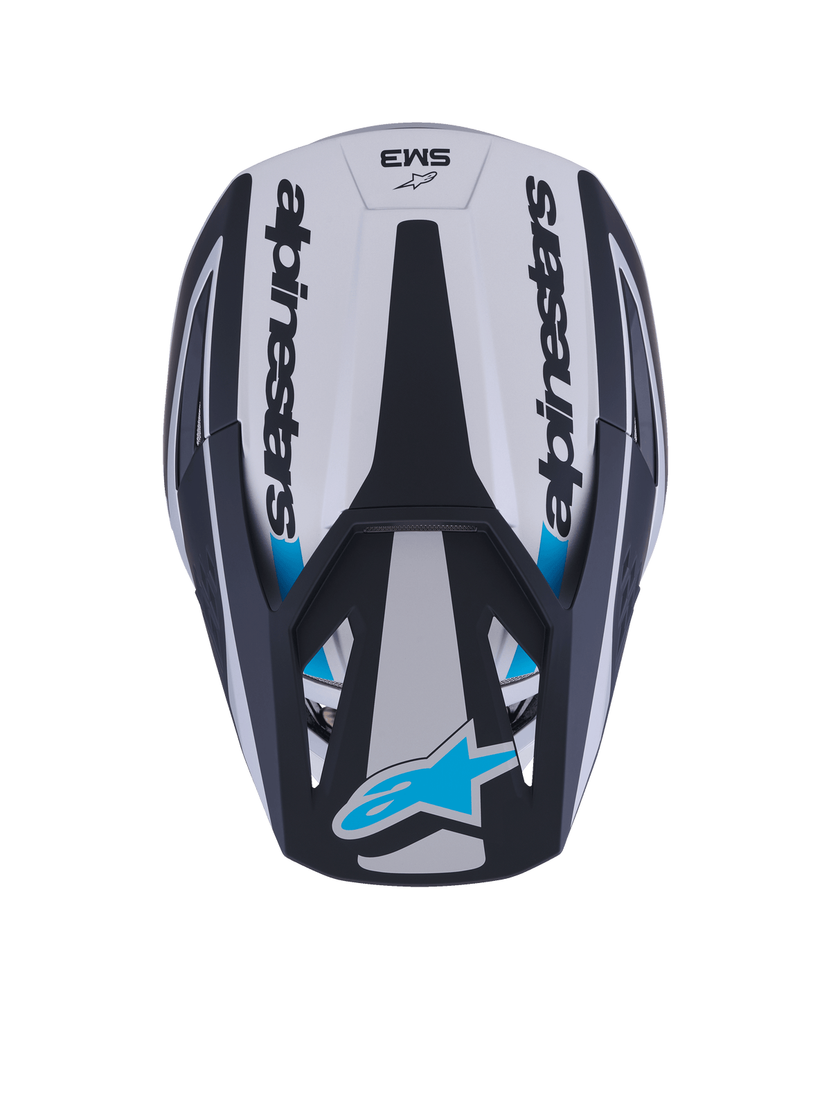 Kask Alpinestars S-M3 Heat, kask motocrossowy, widok z góry, srebrno-niebiesko-czarny mat, z napisem Alpinestars po bokach, niebieskim logo Astar na daszku, aerodynamiczną konstrukcją skorupy i matowym wykończeniem