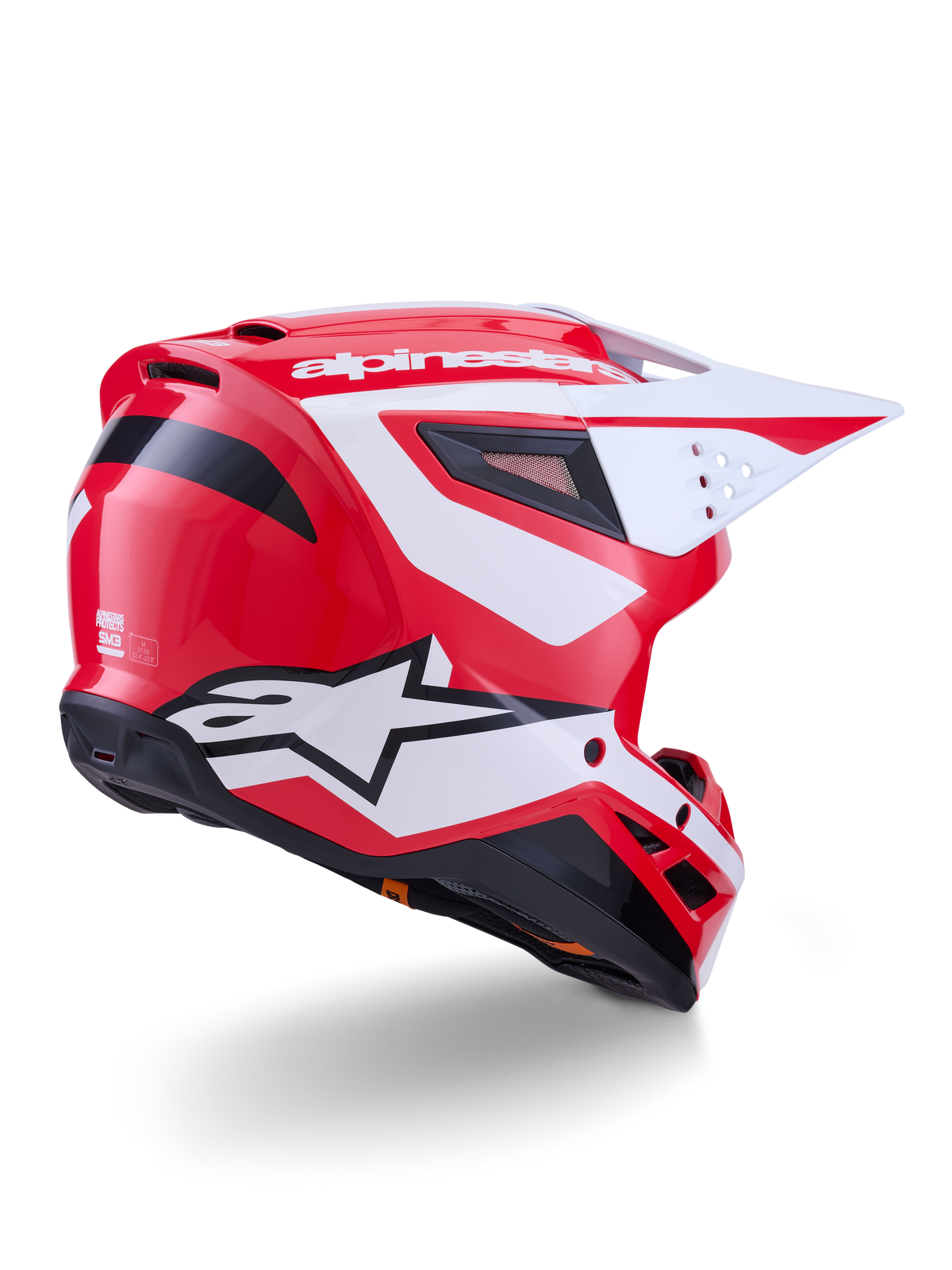 Alpinestars S-M3 Heat, kask motocrossowy, czerwony, biały i czarny z połyskiem, certyfikat ECE 22.06, widok z tyłu