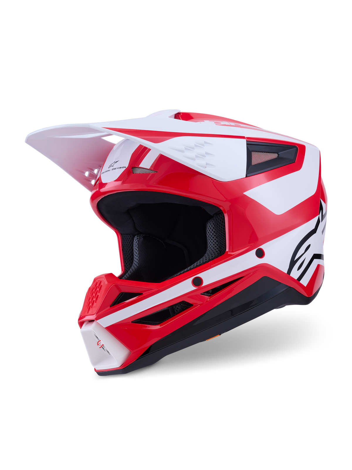 Kask Alpinestars S-M3 Heat, czerwono-biały kask motocrossowy, certyfikat ECE 22.06, błyszczący z białym daszkiem.