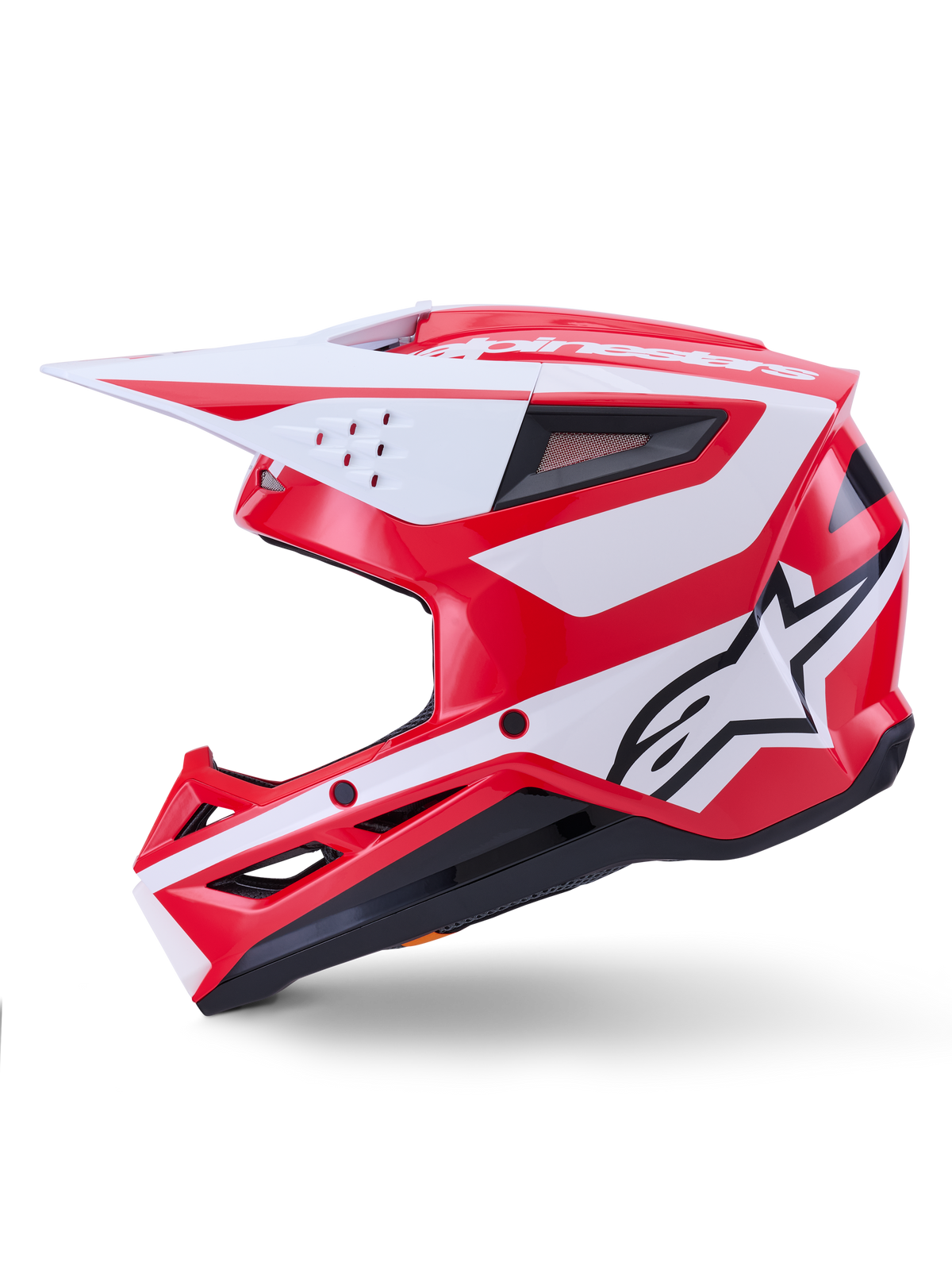 Kask Alpinestars S-M3 Heat, czerwony i biały kask motocrossowy, profil boczny, certyfikat ECE.