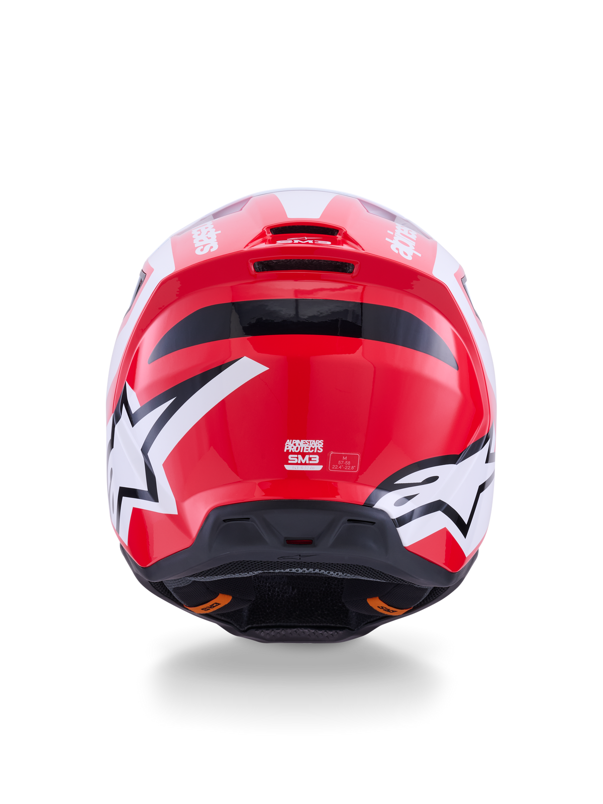 Kask Alpinestars S-M3 Heat, czerwono-biały kask motocrossowy, widok z tyłu z logo gwiazdy i wylotami powietrza.