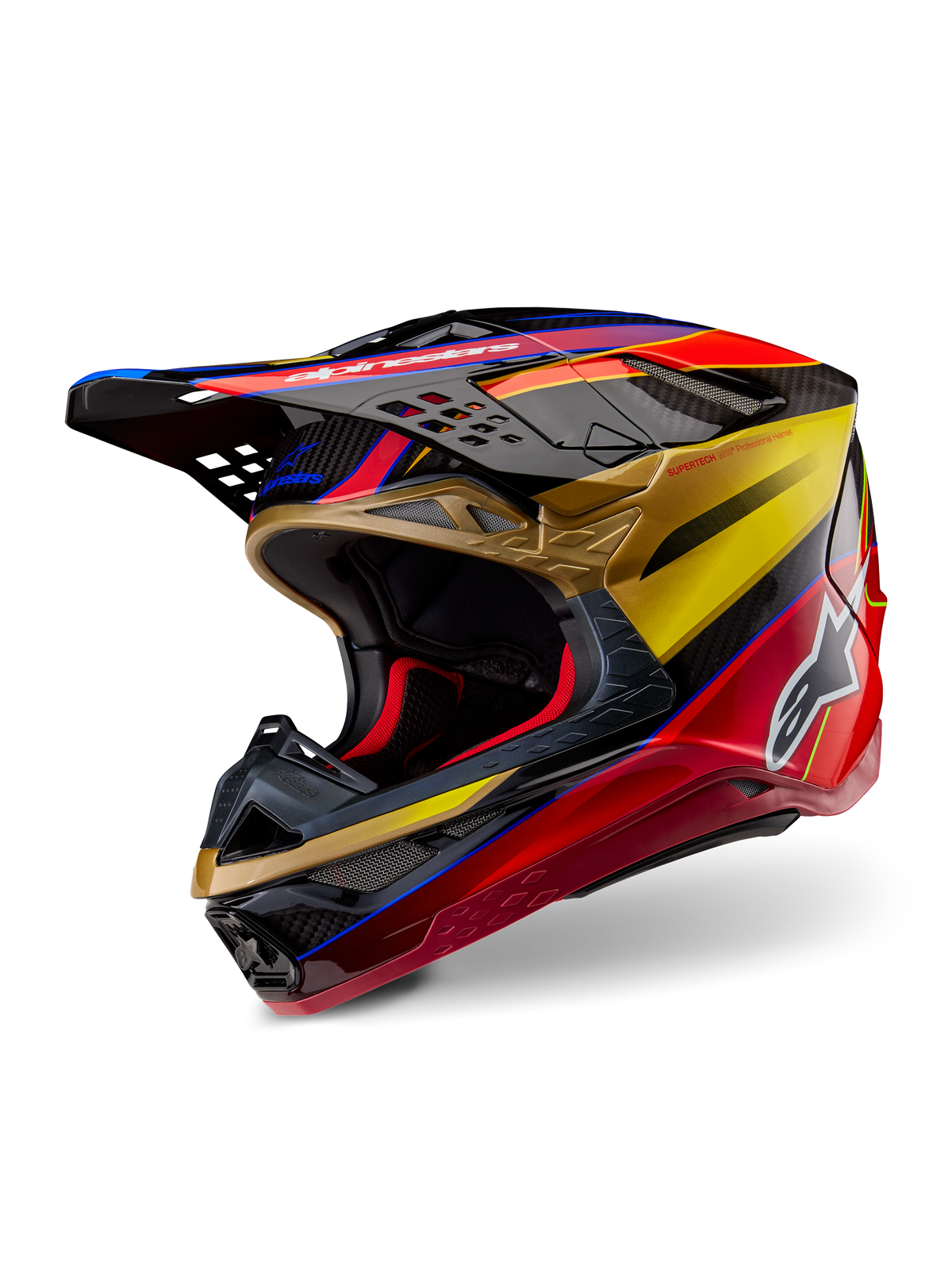 Kask Alpinestars Supertech M10 Era, kask motocrossowy, Gold Yellow Rio Red Glossy, smukła aerodynamiczna skorupa z włókna węglowego z intensywnymi czerwonymi i złotymi grafikami, liczne wloty i wyloty powietrza, białe logo Alpinestars, wykończenie na połysk
