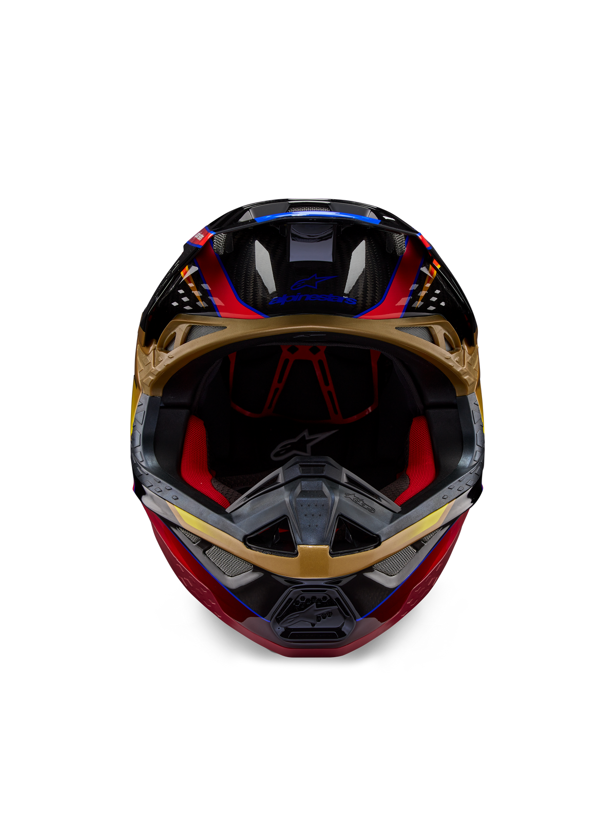 Kask Alpinestars Supertech M10 Era, kask motocrossowy, złoto-żółty i czerwony Rio Red w połysku, widok z przodu pokazujący detale skorupy z włókna węglowego i czerwoną wyściółkę wewnętrzną, aerodynamiczny design do wyścigów off-road