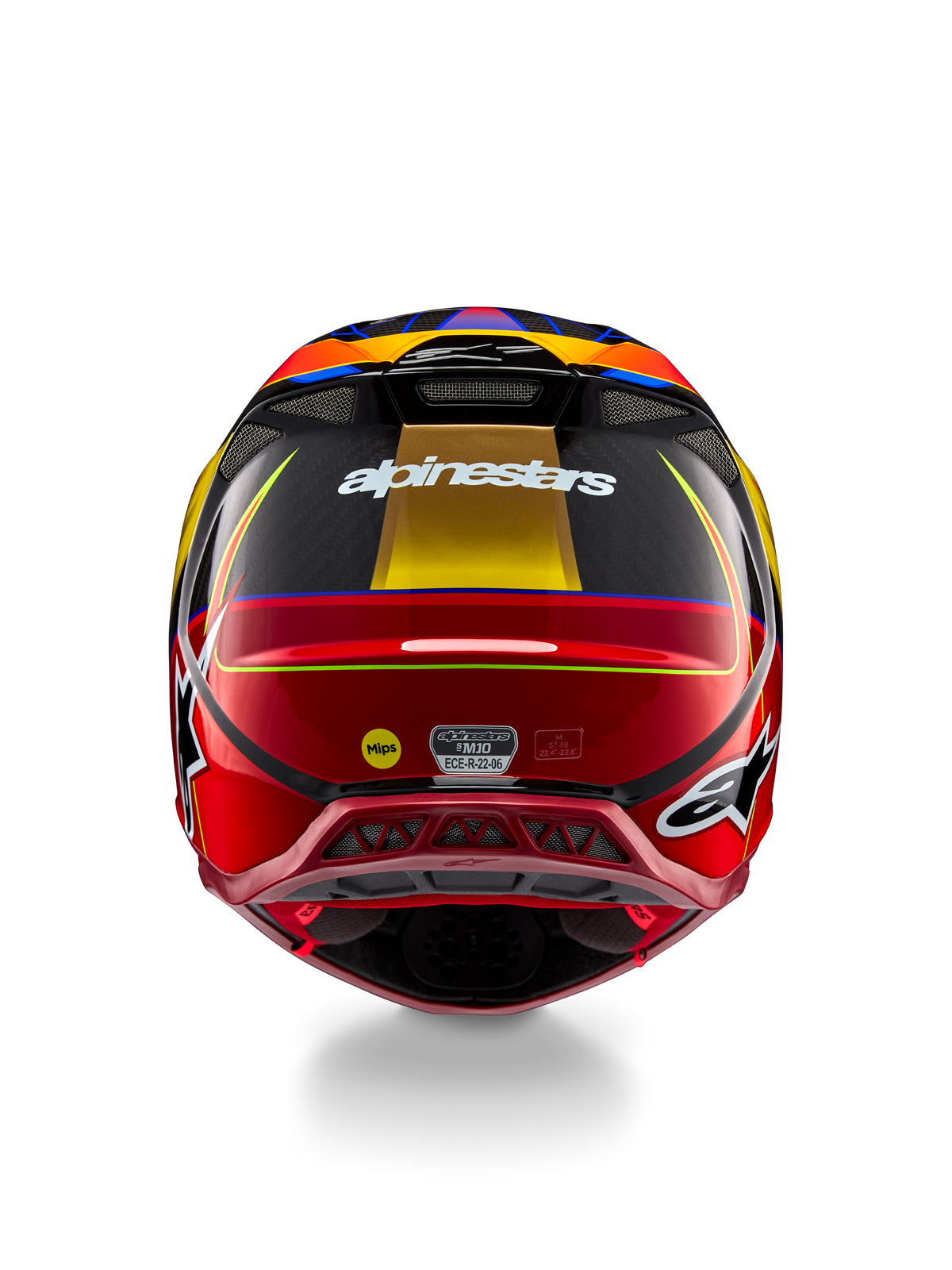 Alpinestars Supertech M10 Era Helmet, kask motocrossowy, złoto-żółty i czerwony Rio Red z połyskiem, widok z tyłu prezentujący białe logo Alpinestars, logo MIPS oraz aerodynamiczne otwory wentylacyjne, konstrukcja z wielokompozytowego włókna węglowego z niebieskimi akcentami