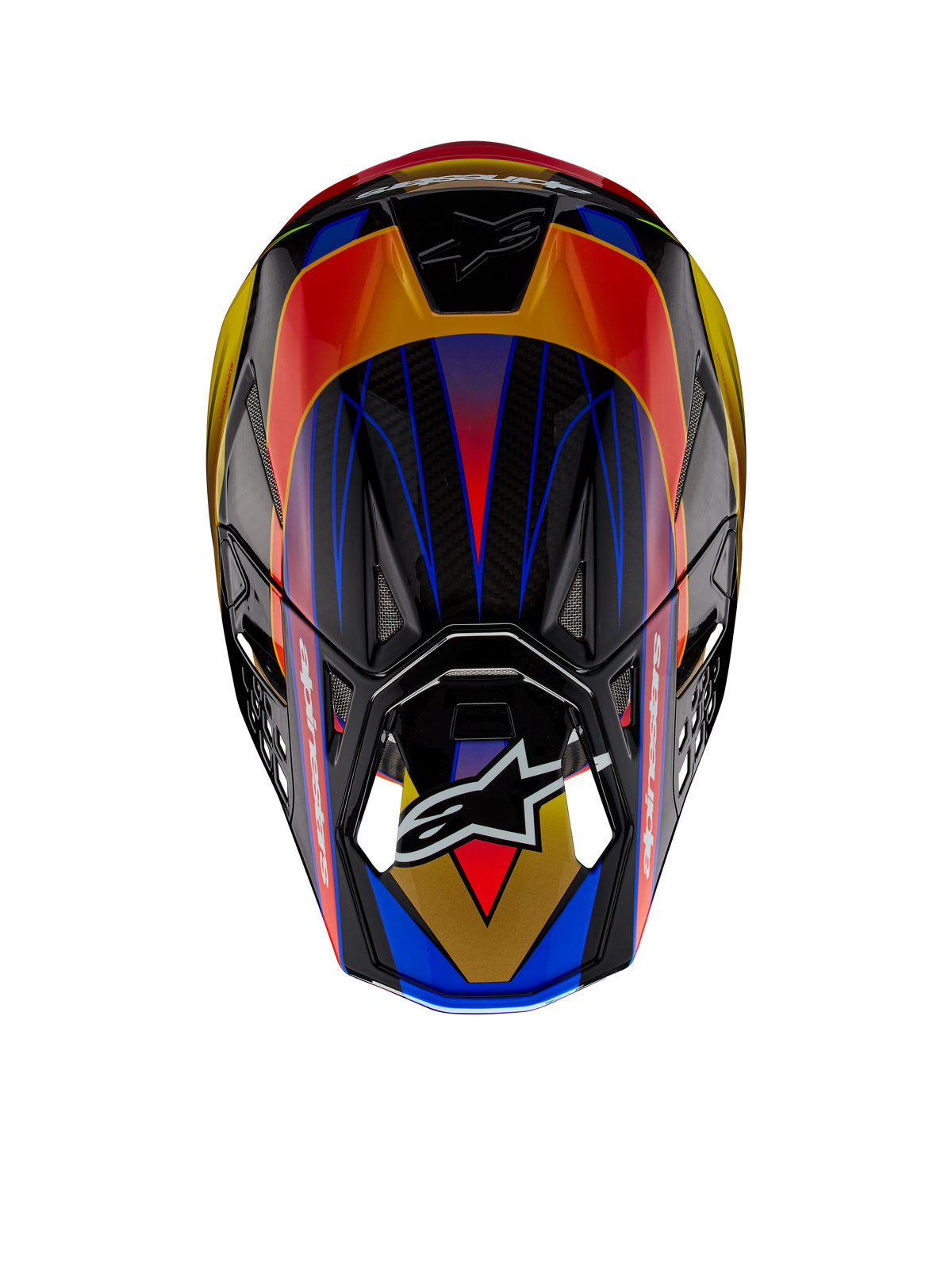 Kask Alpinestars Supertech M10 Era ECE, kask motocrossowy, złoty, żółty i czerwony połysk, widok z góry ukazujący żywe geometryczne wzory w kolorze niebieskim i żółtym, błyszczące wykończenie z widoczną teksturą karbonowej skorupy, logo Alpinestars na daszku