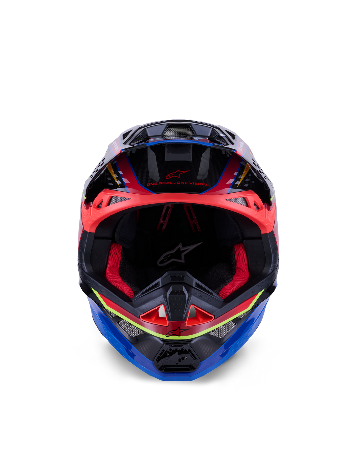 Kask Alpinestars Supertech M10 Era, kask motocrossowy, niebieski, czerwony i żółty fluo błyszczący, widok z przodu pokazujący czerwoną wyściółkę wewnętrzną i agresywne otwory wentylacyjne, błyszcząca skorupa z karbonu 3K o aerodynamicznym designie do wyścigów off-road