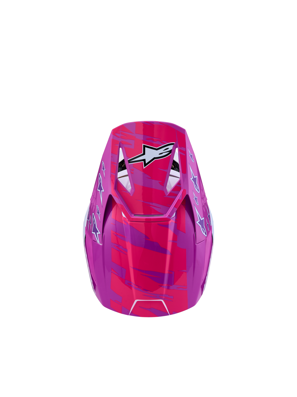 Kask Alpinestars SM3 Falcon Młodzieżowe ECE06, kask motocrossowy fioletowy i różowy fluo, biała grafika z gwiazdą, widok z góry.