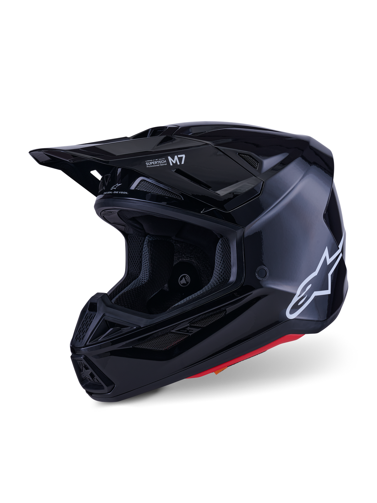 Alpinestars S-M7 Solid Helmet, kask motocrossowy, czarny z połyskiem, białe logo Alpinestars z boku, aerodynamiczny daszek i liczne otwory wentylacyjne zapewniające ochronę podczas wyścigów off-road