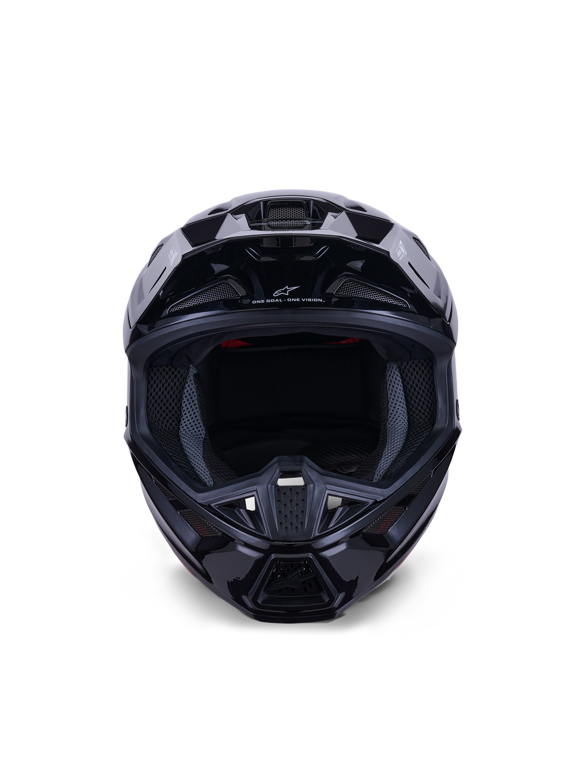 Alpinestars S-M7 Solid Helmet ECE 22.06, kask motocrossowy, czarny błyszczący, widok z przodu podkreślający aerodynamiczną kompozytową skorupę, otwory wentylacyjne na szczęce, wewnętrzna wyściółka z siateczki, eleganckie wykończenie do wyścigów off-road