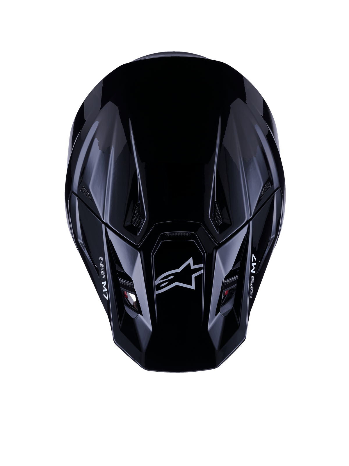 Alpinestars S-M7 Solid Helmet ECE 22.06, kask motocrossowy, czarny połysk, widok z góry przedstawiający aerodynamiczną skorupę kompozytową z logo Astars i brandingiem M7, smukły design z otworami wentylacyjnymi dla wydajności w wyścigach off-road