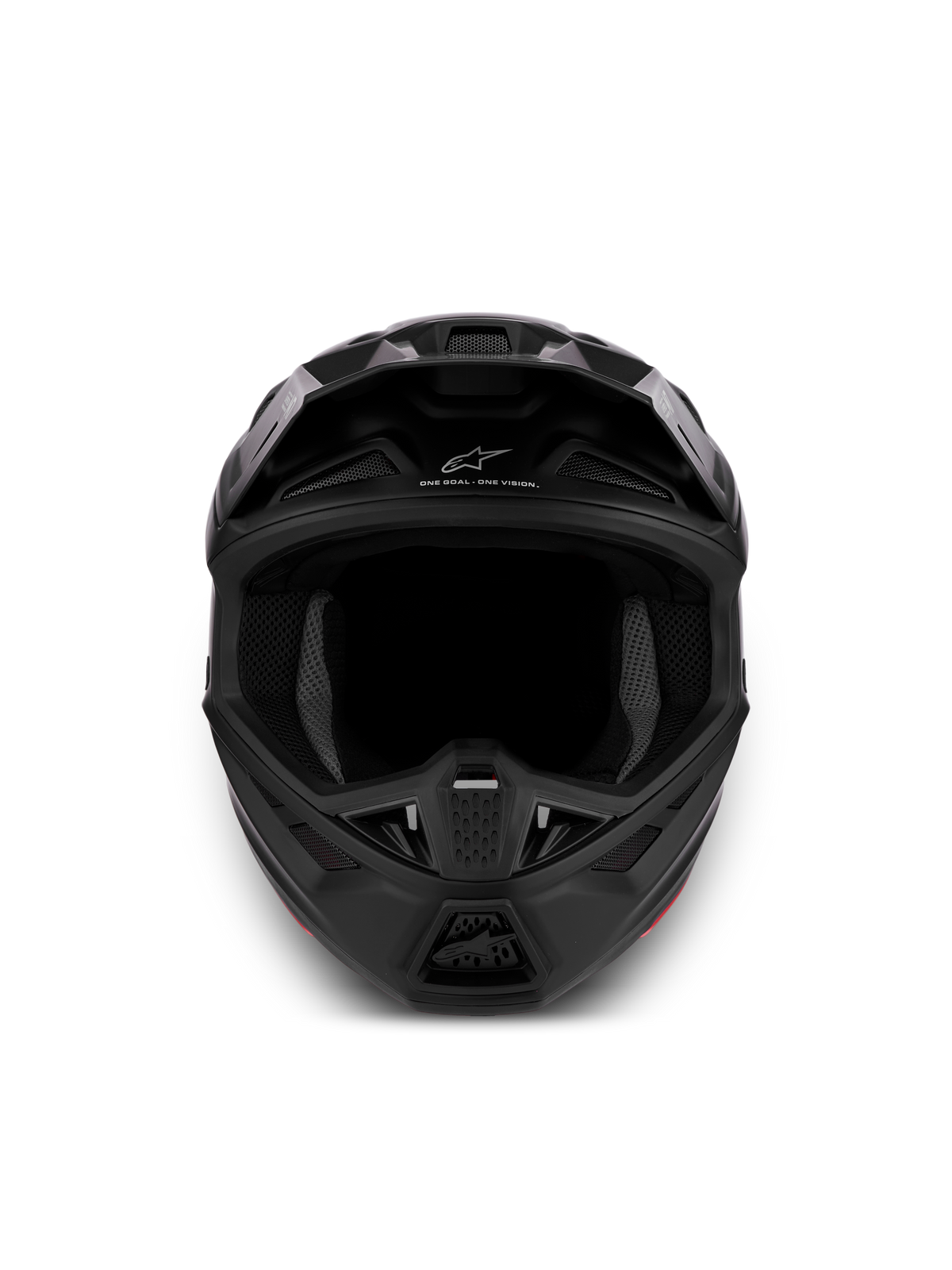 Kask Alpinestars S-M7 Solid ECE06, czarny matowy kask motocrossowy off-road, widok z przodu z aerodynamiczną skorupą i wentylacją.