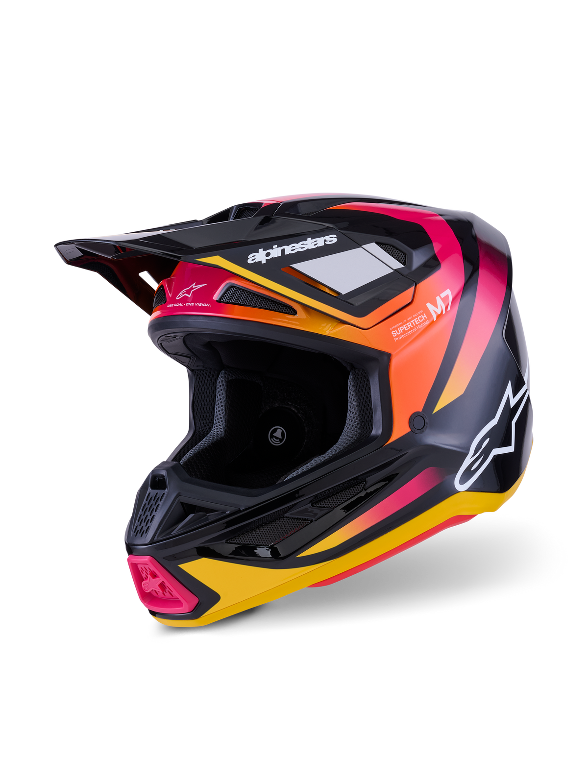 Alpinestars S-M7 Rise Helmet, kask motocrossowy, czarny, żółty i różowy błyszczący, aerodynamiczna skorupa kompozytowa z wyrazistą grafiką z gradientem, białe logo Alpinestars, liczne otwory wentylacyjne do wyścigów off-road