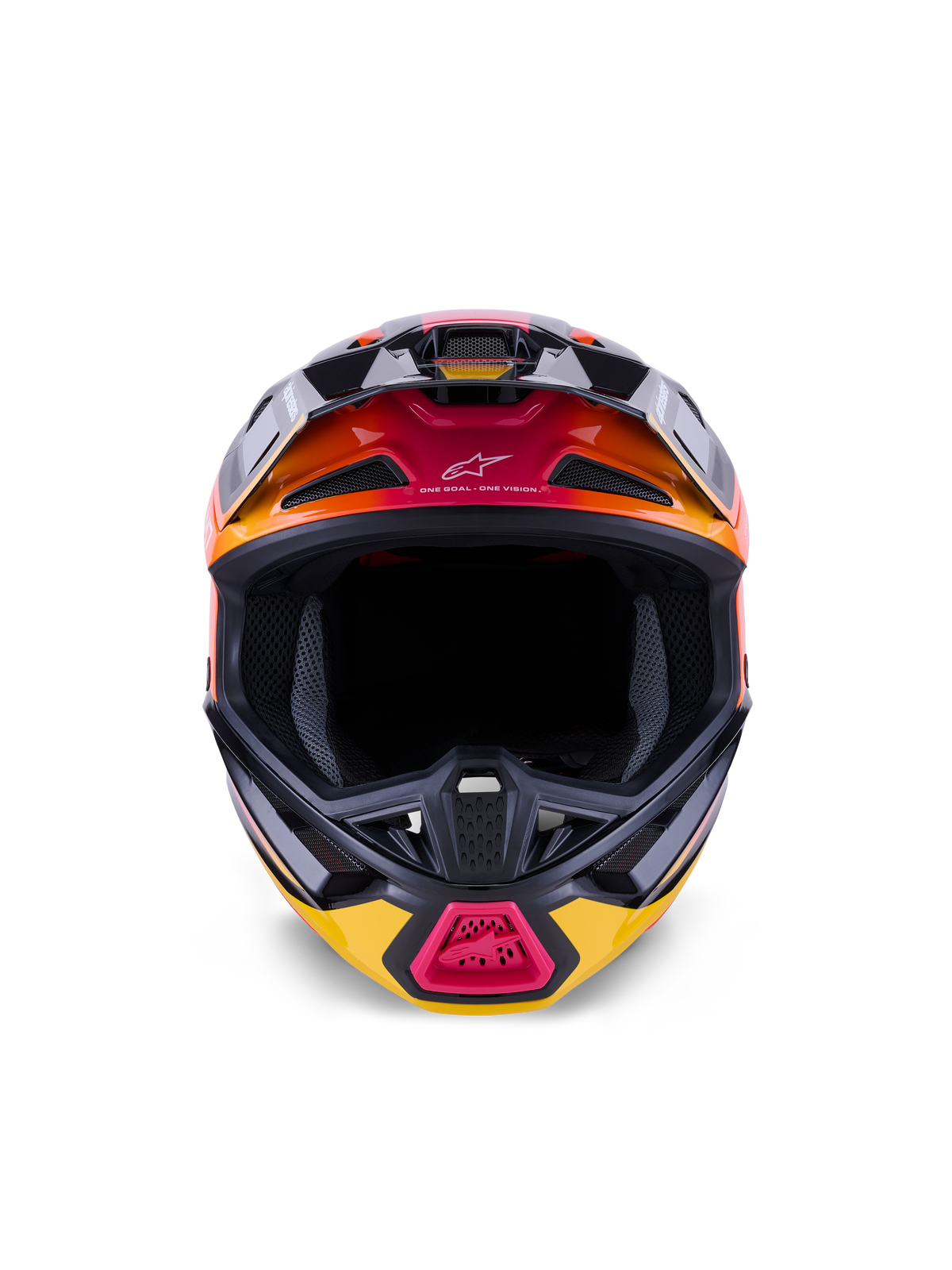 Alpinestars S-M7 Rise Helmet ECE 22.06, kask motocrossowy, czarny, żółty i różowy w połysku z pomarańczowymi gradientami, widok z przodu pokazujący aerodynamiczną skorupę kompozytową, liczne wloty powietrza z siatką oraz napis „One Goal. One Vision.”, przeznaczony do wyścigów off-road