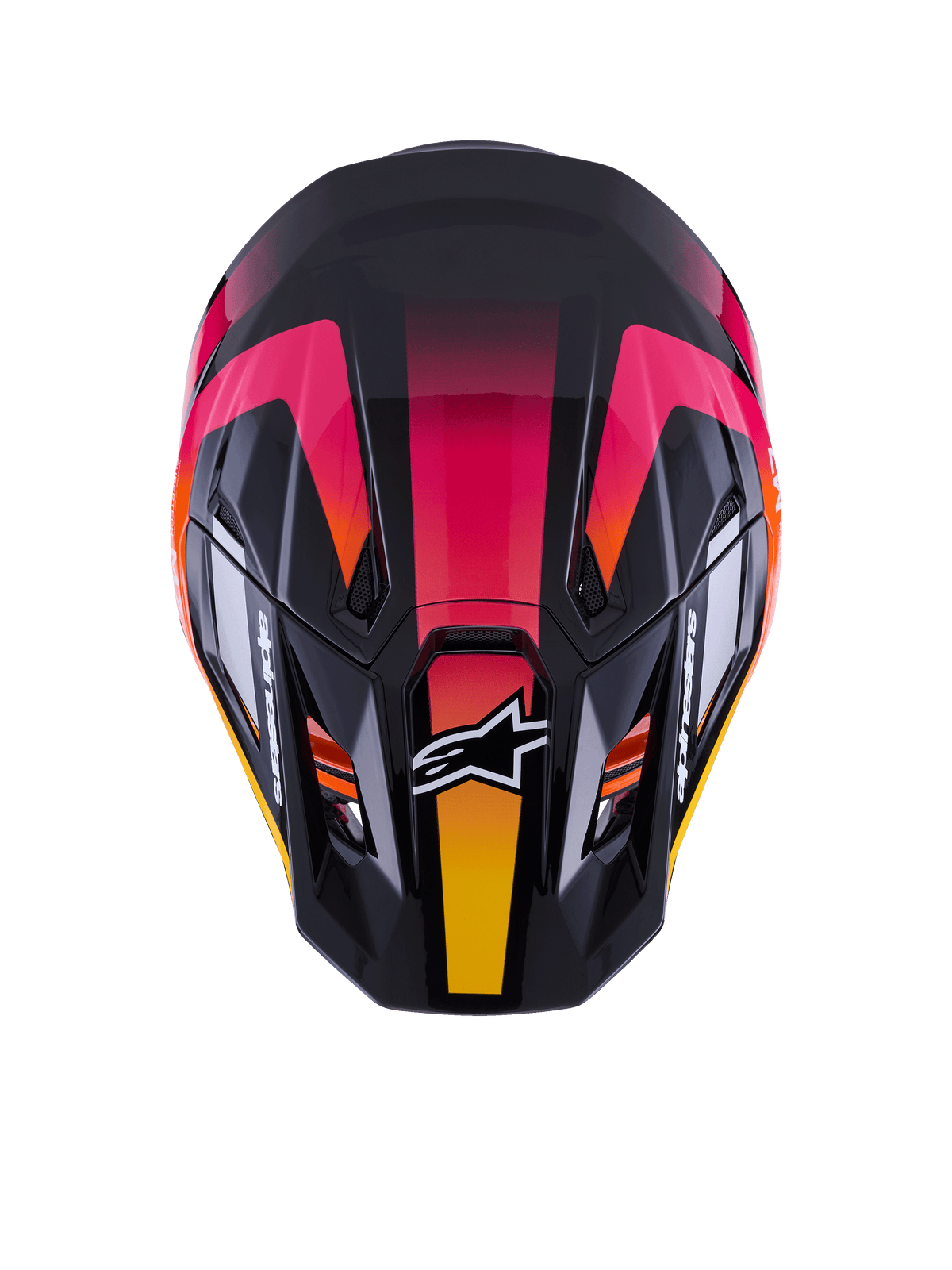 Alpinestars S-M7 Rise Helmet ECE 22.06, kask motocrossowy, czarny, różowy i żółty połysk, widok z góry przedstawiający aerodynamiczną skorupę kompozytową, wyrazisty wzór z gradientem, otwory wentylacyjne i białe logo Alpinestars z przodu