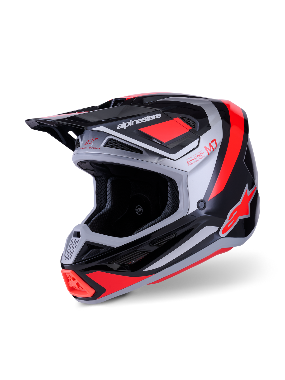 Alpinestars S-M7 Rise Helmet, kask motocrossowy, czarny, srebrny i czerwony fluo z połyskiem, aerodynamiczna skorupa kompozytowa z wieloma otworami wentylacyjnymi, regulowany daszek i wyraźne logo marki do wyścigów terenowych