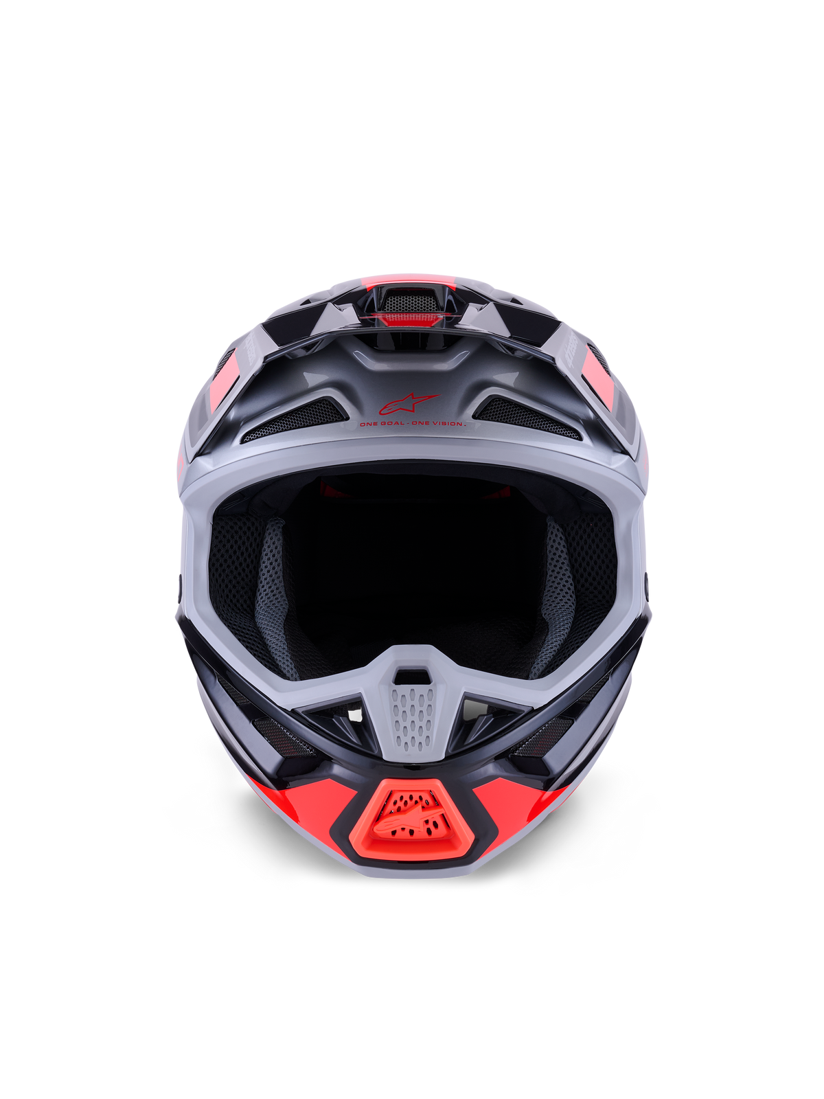 Alpinestars S-M7 Rise Helmet, kask motocrossowy, czarno-srebrny i czerwony fluo z połyskiem, widok z przodu ukazujący aerodynamiczną skorupę kompozytową, liczne wloty powietrza i duży otwór na gogle, stworzony dla ochrony w wyścigach terenowych