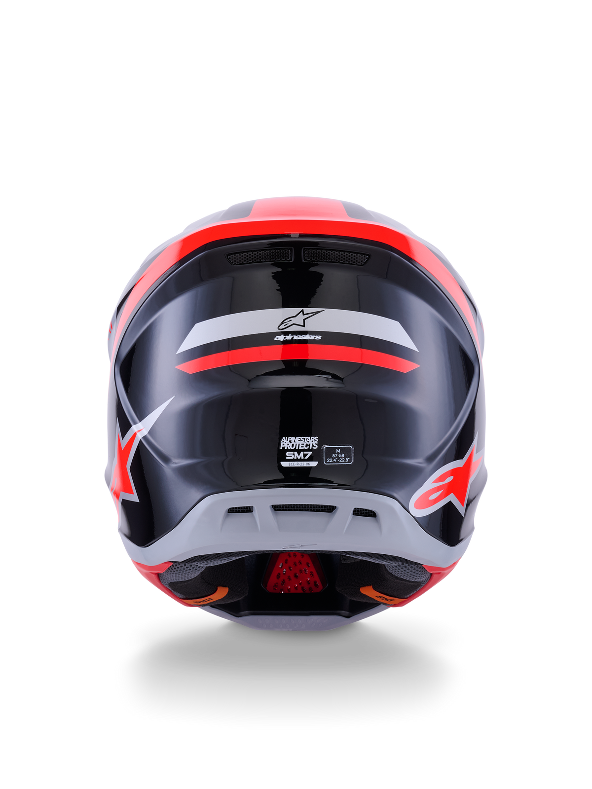 Kask Alpinestars S-M7 Rise ECE 22.06, kask motocrossowy, widok z tyłu, czarny, srebrny i czerwony fluo z połyskiem, z logo Alpinestars i brandingiem S-M7, aerodynamiczna skorupa i detale wentylacyjne