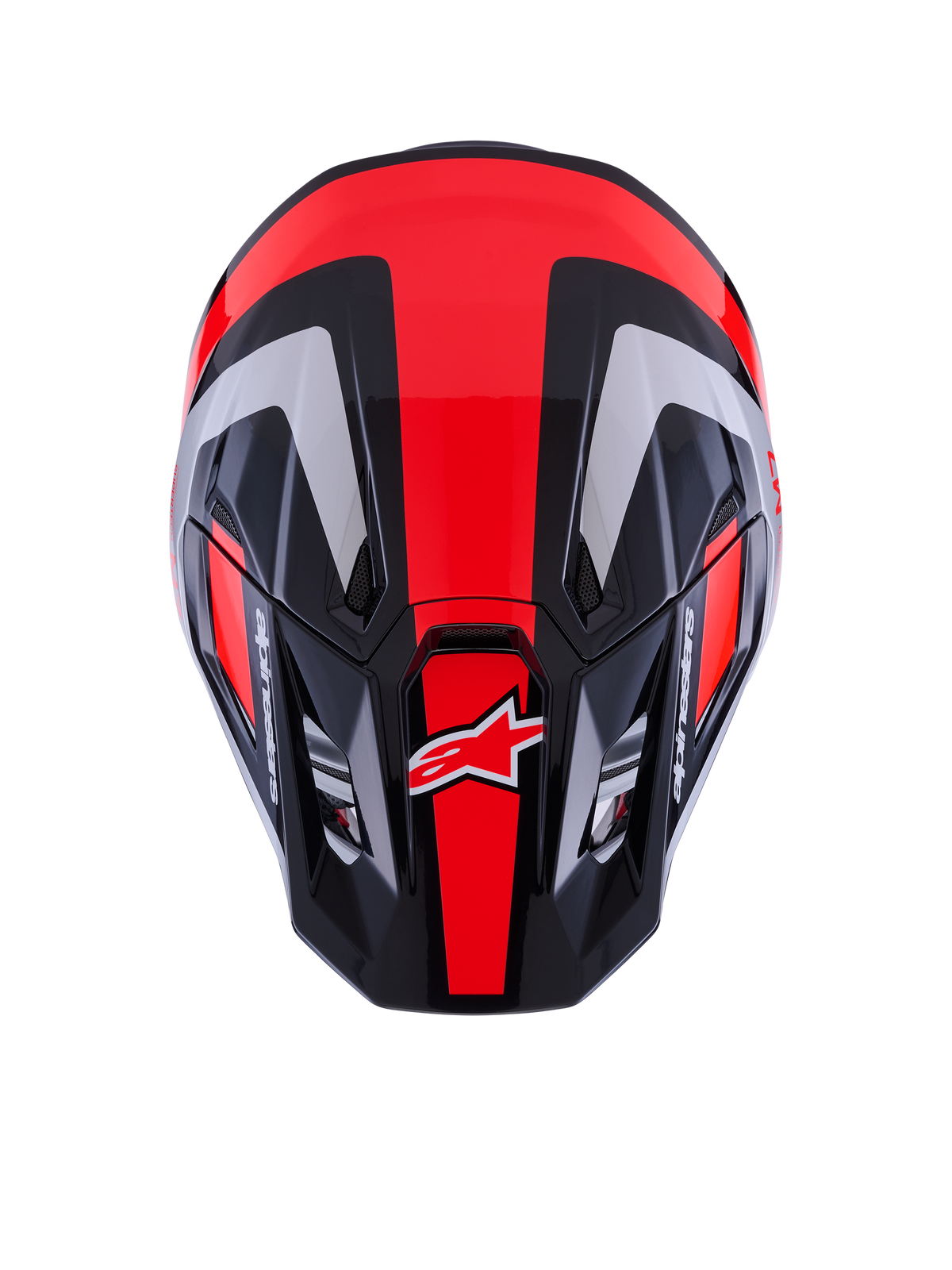 Alpinestars S-M7 Rise Helmet ECE 22.06, kask motocrossowy, czarny, srebrny i czerwony fluo z połyskiem, widok z góry pokazujący aerodynamiczną skorupę z otworami wentylacyjnymi, czerwone fluorescencyjne pasy i branding Alpinestars, profesjonalny sprzęt do wyścigów off-road