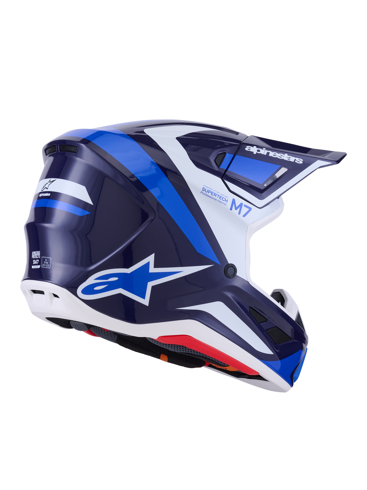 Kask Alpinestars S-M7 Rise, kask motocrossowy, niebiesko-biały z połyskiem, granatowe i jasnoniebieskie grafiki z białymi akcentami, logo Alpinestars z boku i z tyłu, aerodynamiczna konstrukcja z otworami wentylacyjnymi, profesjonalny sprzęt do wyścigów off-road