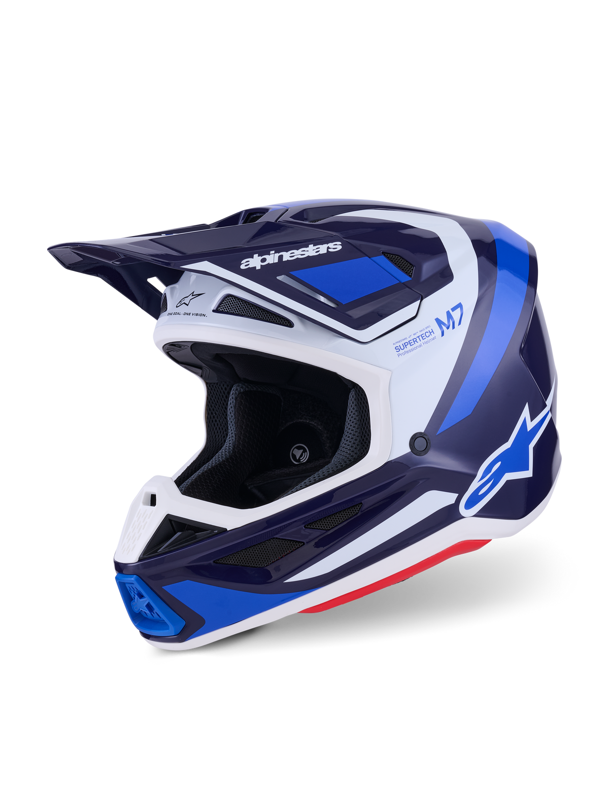 Alpinestars S-M7 Rise Motocross Helmet, niebiesko-biały z połyskiem, widok z trzech czwartych ukazujący aerodynamiczną skorupę ze zintegrowanym daszkiem i licznymi otworami wentylacyjnymi, białe i niebieskie akcenty graficzne oraz wyrazisty branding, wysokiej klasy wyczynowy sprzęt off-road