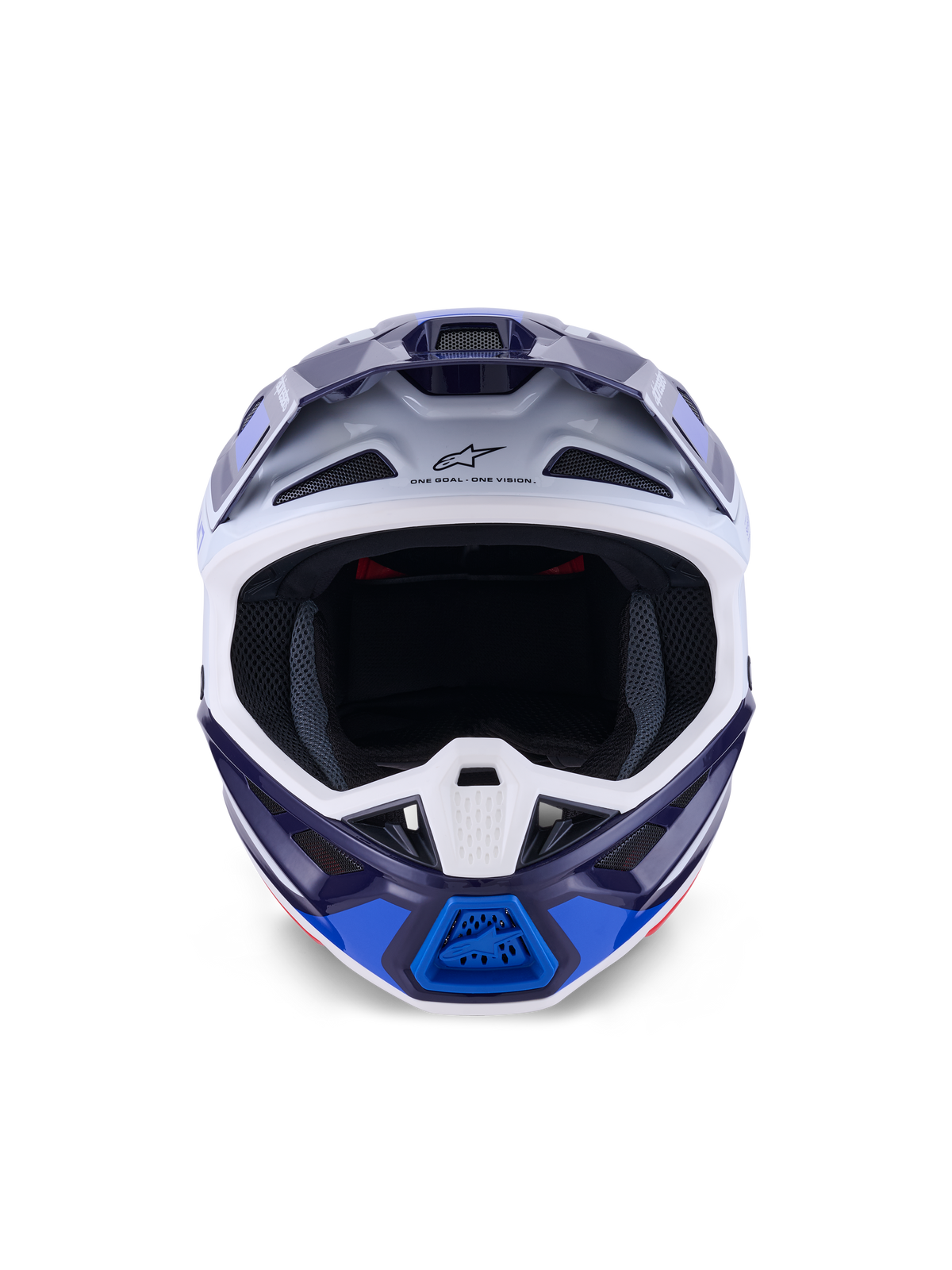 Kask Alpinestars S-M7 Rise, Blue White Glossy, widok z przodu, kask motocrossowy off-road z licznymi otworami wentylacyjnymi, logo Astars na czole, aerodynamiczna konstrukcja skorupy kompozytowej
