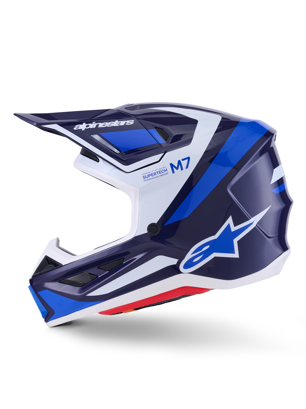 Kask Alpinestars S-M7 Rise, kask motocrossowy, niebieski, biały i granatowy z połyskiem, widok z profilu bocznego z logo Alpinestars na daszku i boku, napisy M7 i Supertech, aerodynamiczna skorupa z otworami wentylacyjnymi, błyszczące wykończenie dla wydajności off-road.