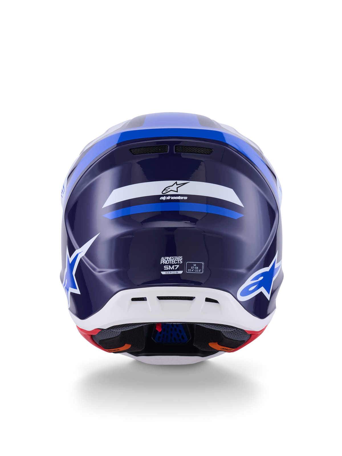 Kask Alpinestars S-M7 Rise, widok z tyłu, niebiesko-biały błyszczący, z logo Alpinestars i brandingiem SM7, aerodynamiczna kompozytowa skorupa z białą dolną sekcją i otworami wentylacyjnymi, wysokowydajna ochrona głowy do motocrossu