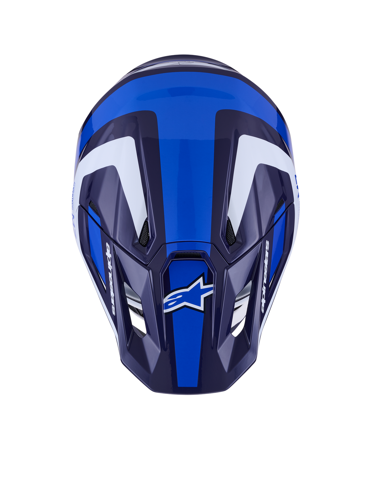 Alpinestars S-M7 Rise Helmet, kask motocrossowy, niebiesko-biały błyszczący, widok z góry ukazujący aerodynamiczną skorupę i otwory wentylacyjne, biała i ciemnoniebieska geometryczna grafika z wyraźnym brandingiem