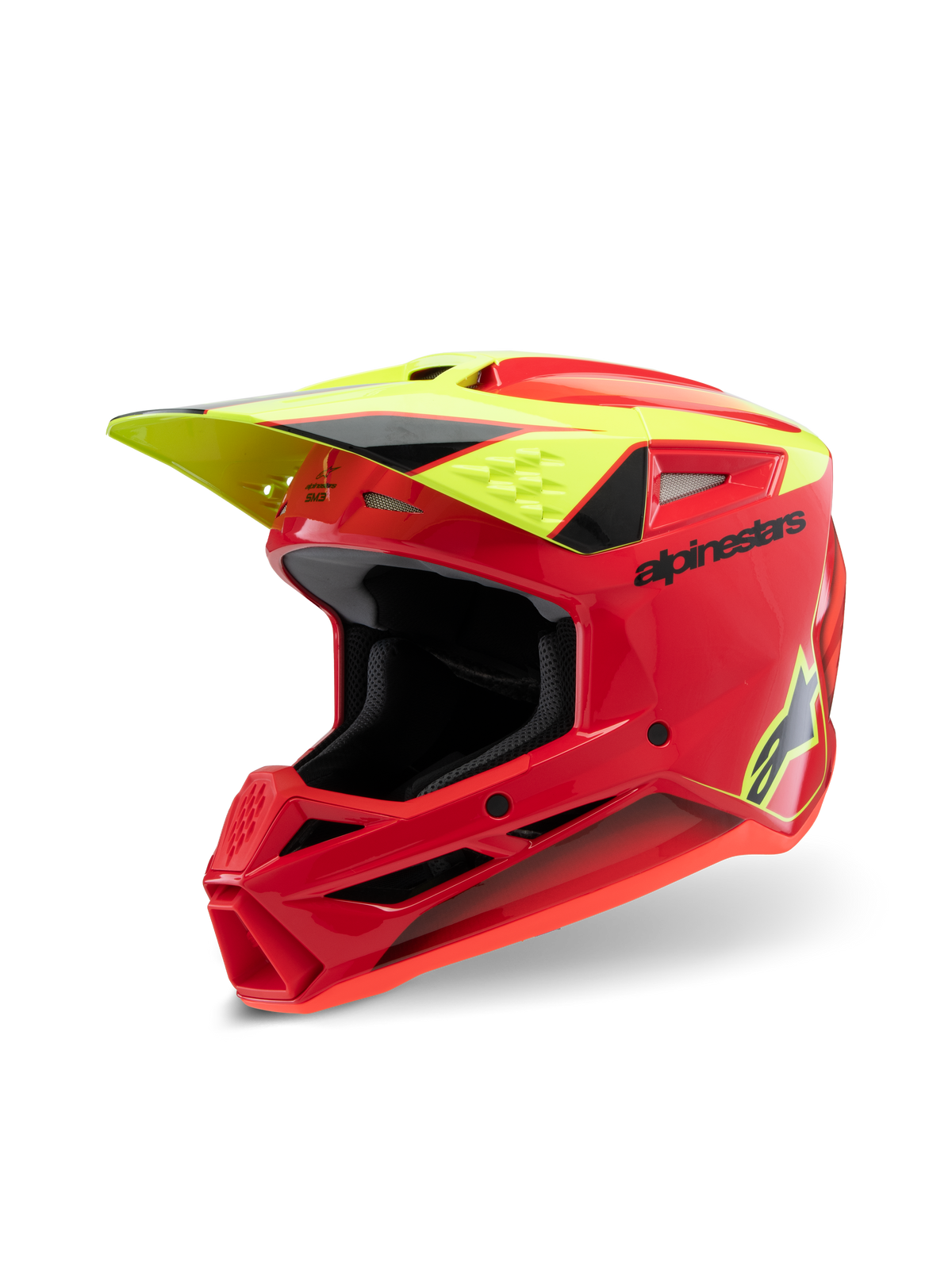 Alpinestars S-M3 Youth Fray Helmet, kask motocrossowy, czerwony, żółty fluorescencyjny i czarny błyszczący, agresywny design aerodynamiczny, ochronny daszek i liczne otwory wentylacyjne