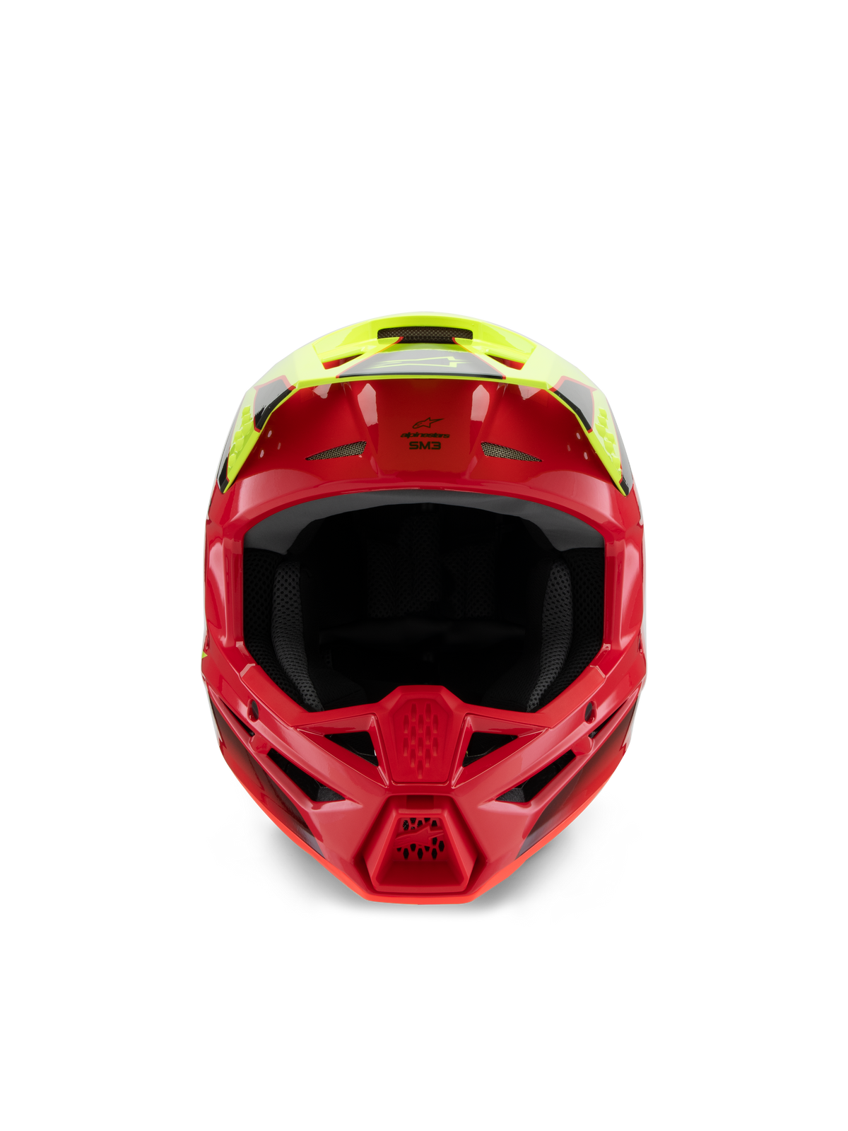 Alpinestars S-M3 Youth Fray Helmet, kask motocrossowy, czerwony i żółty fluo z połyskiem, widok z przodu podkreślający wloty wentylacyjne i agresywną osłonę szczęki, specjalistyczna ochrona głowy off-road dla młodych motocyklistów
