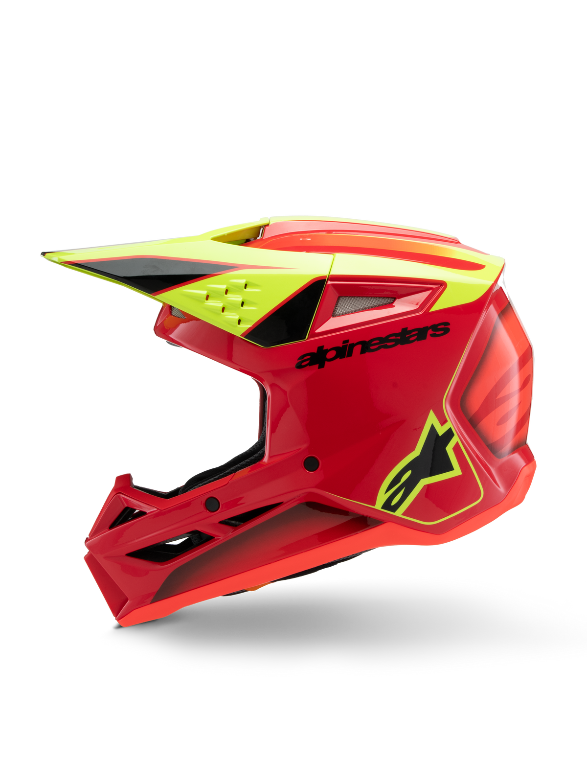 Alpinestars S-M3 Youth Fray Helmet, kask motocrossowy, czerwony, żółty fluo i czarny z połyskiem, widok z profilu prezentujący aerodynamiczny wizjer, wloty wentylacyjne i wyraźne logo marki, młodzieżowy sprzęt ochronny off-road