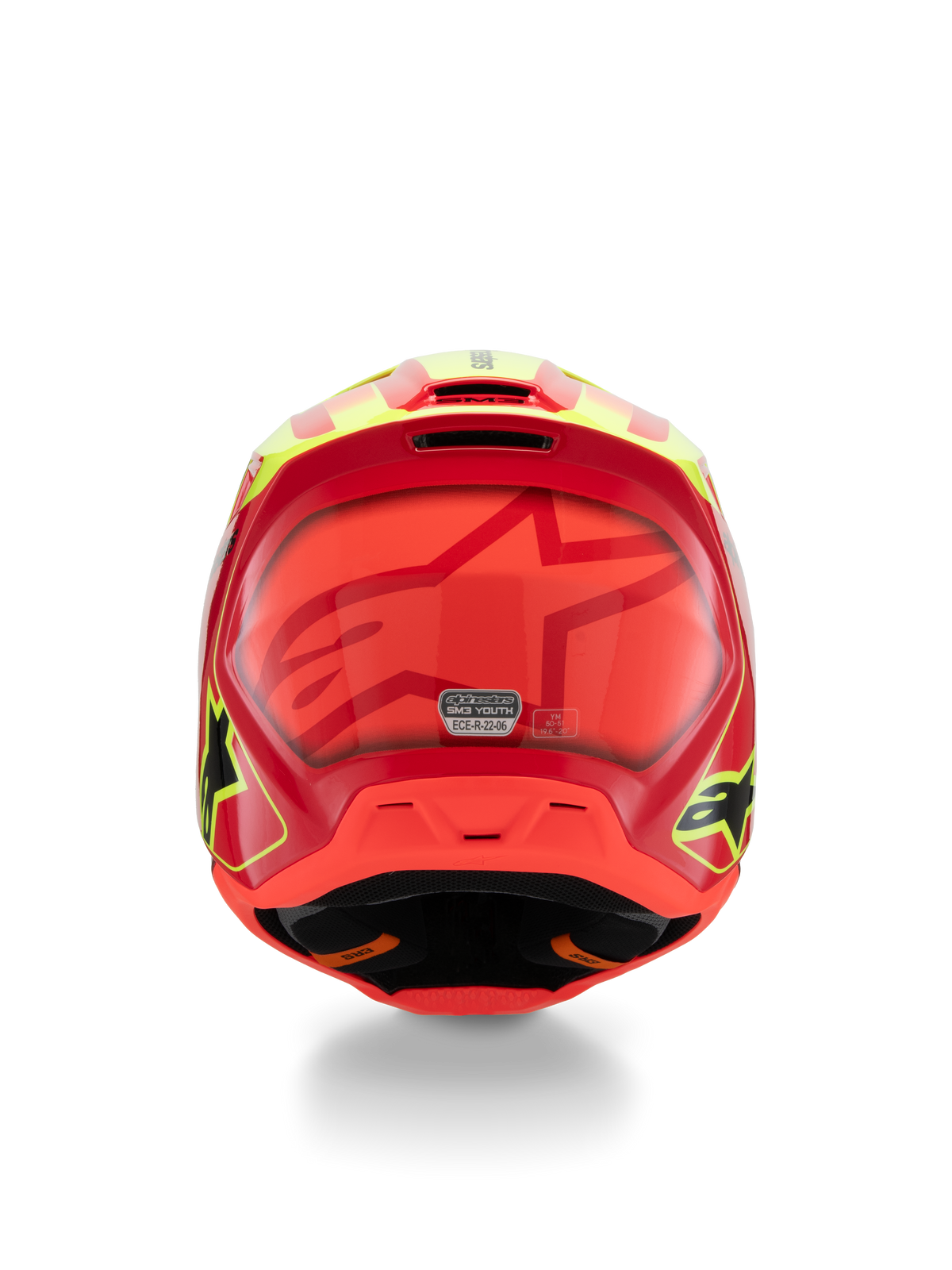 Alpinestars S-M3 Youth Fray Helmet, kask motocrossowy, czerwony, żółty fluo i czarny błyszczący, widok z tyłu z dużym tonalnym logo gwiazdy, naklejką certyfikacji ECE 22.06 i aerodynamicznym kształtem skorupy z bocznymi logotypami.