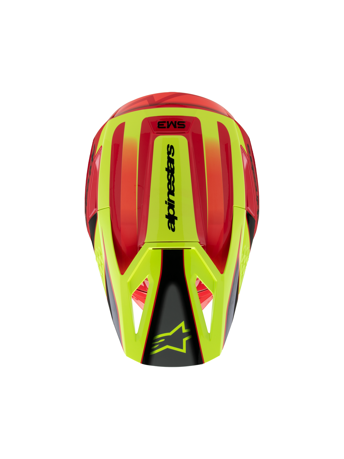 Alpinestars S-M3 Youth Fray Helmet, kask motocrossowy młodzieżowy, czerwony i żółty fluo z czarnym błyszczącym wykończeniem, widok z góry ukazujący aerodynamiczną skorupę oraz logo Alpinestars na daszku