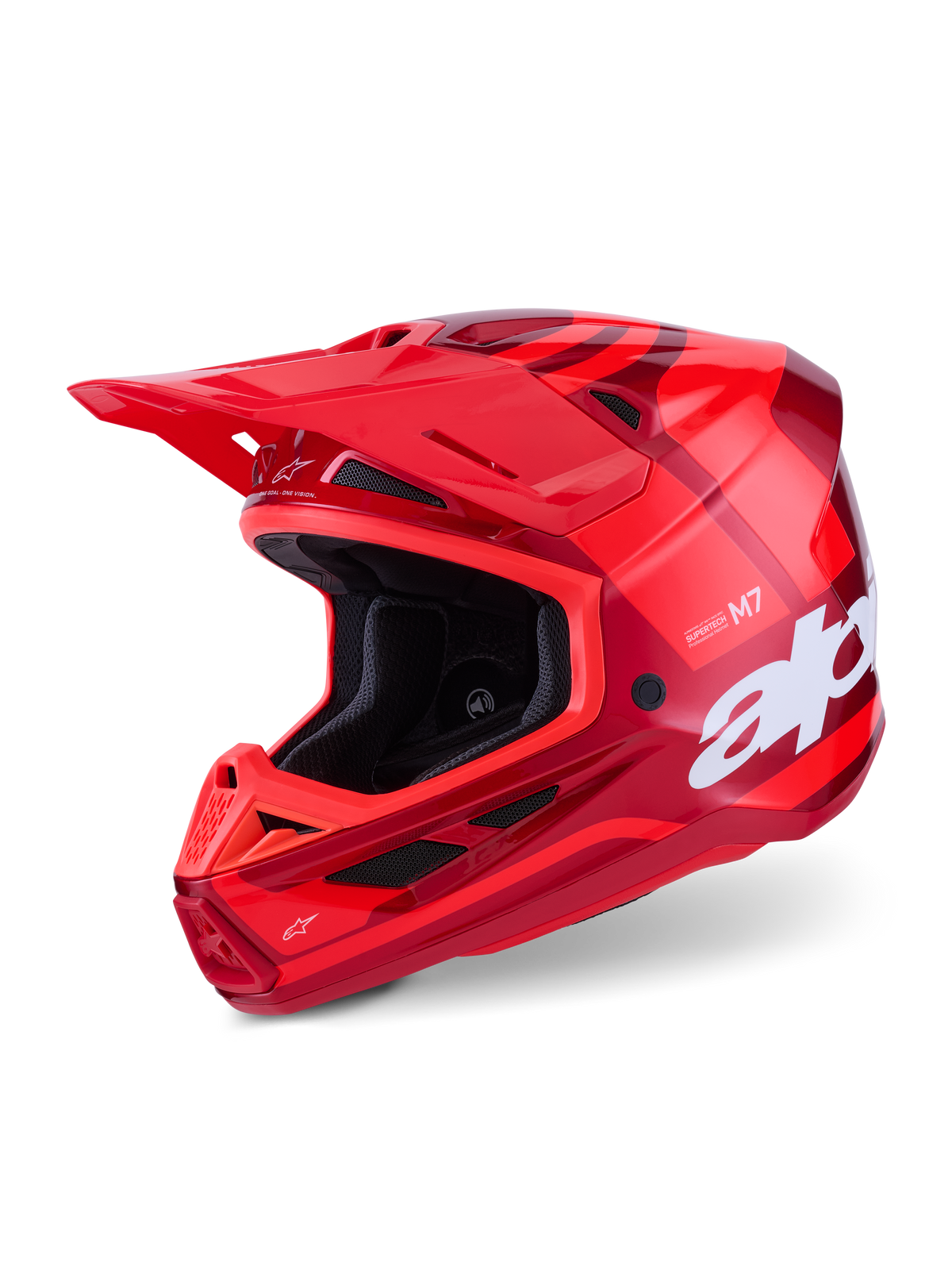 Kask Alpinestars S-M7 Core, kask motocrossowy, błyszcząca czerwień, wielotonowe czerwone grafiki z dużym białym brandingiem, aerodynamiczna skorupa kompozytowa z wieloma otworami wentylacyjnymi i regulowanym daszkiem, profesjonalny sprzęt do wyścigów off-road