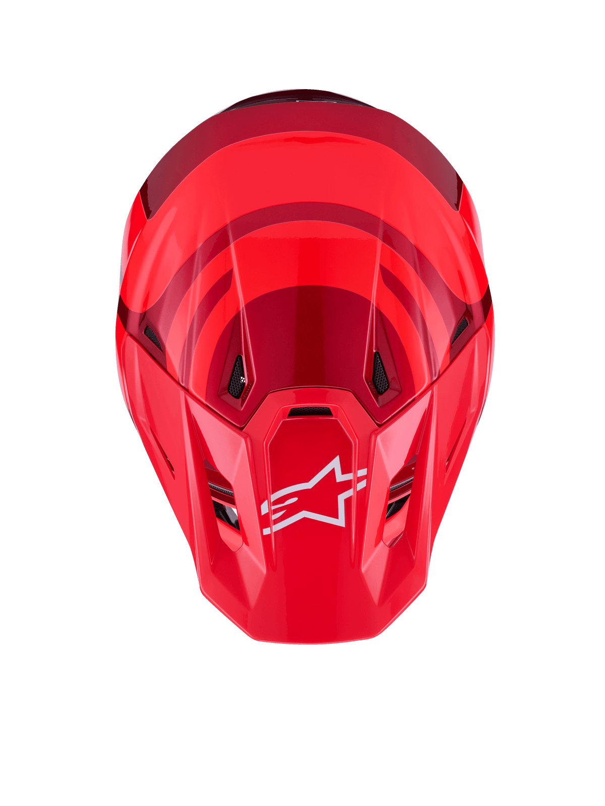 Kask Alpinestars S-M7 Core, Red Glossy, widok z góry, aerodynamiczna skorupa z ciemniejszymi czerwonymi akcentami, białe logo A-star na daszku, zintegrowane otwory wentylacyjne, wysokiej klasy ochronny sprzęt motocrossowy