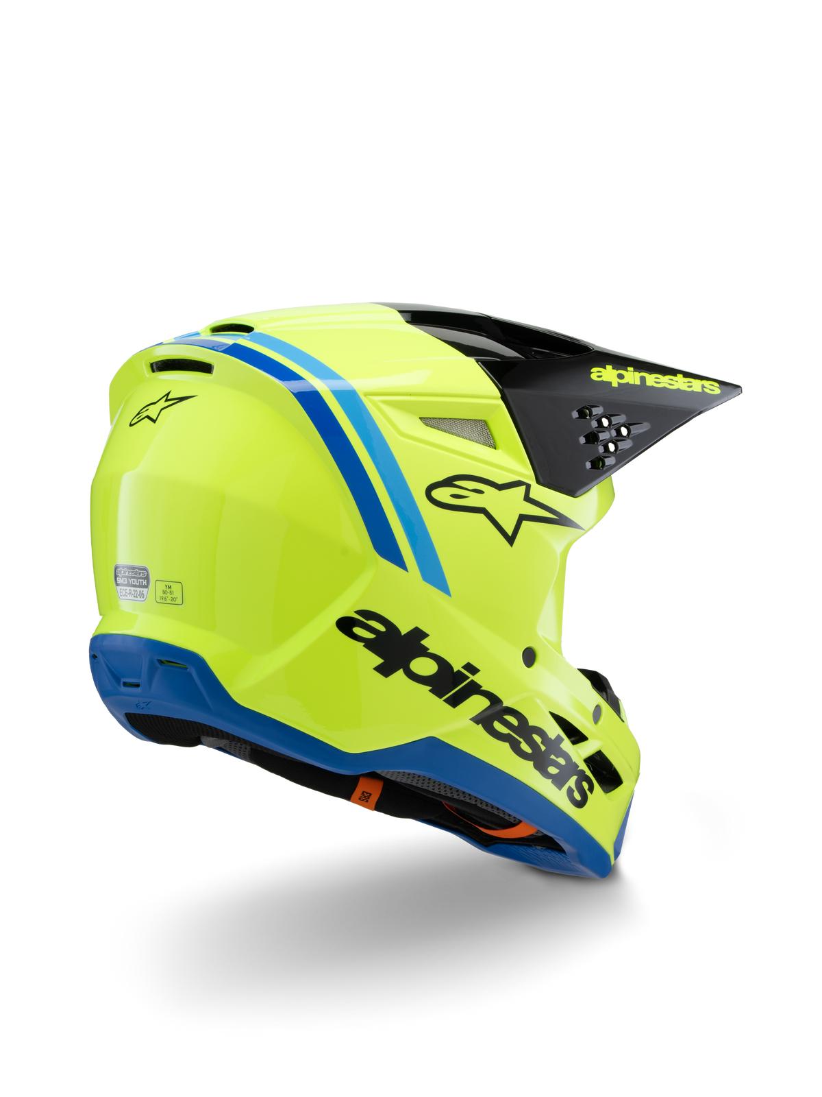 Alpinestars S-M3 Youth Radium Helmet ECE 22.06, kask motocrossowy, żółty fluo z czarnymi i niebieskimi akcentami, widok z tyłu pod kątem trzech czwartych pokazujący czarny daszek z żółtym logo i niebieskie dolne wykończenie