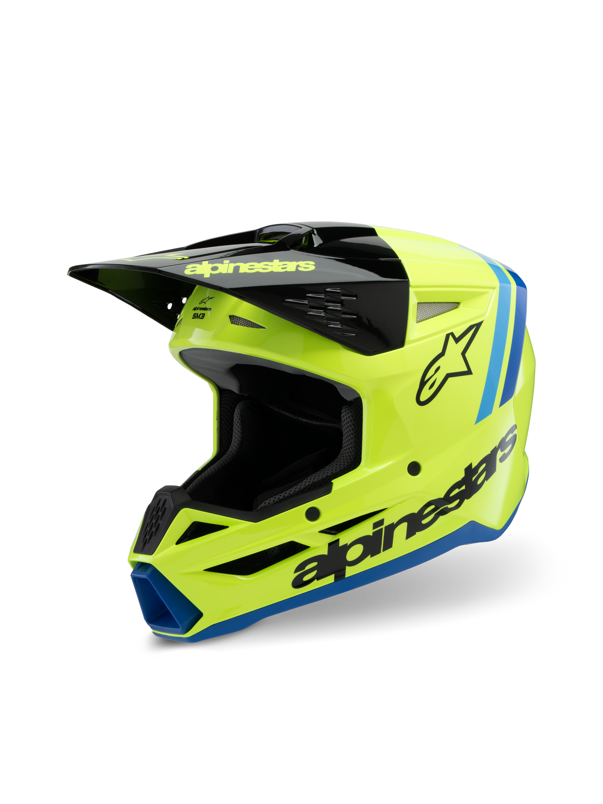 Kask Alpinestars S-M3 Youth Radium, kask motocrossowy, żółty fluo, czarny i niebieski, czarny daszek, wyraźne logo Alpinestars z boku, niebieskie akcenty, wysokiej klasy sprzęt ochronny dla młodych motocyklistów
