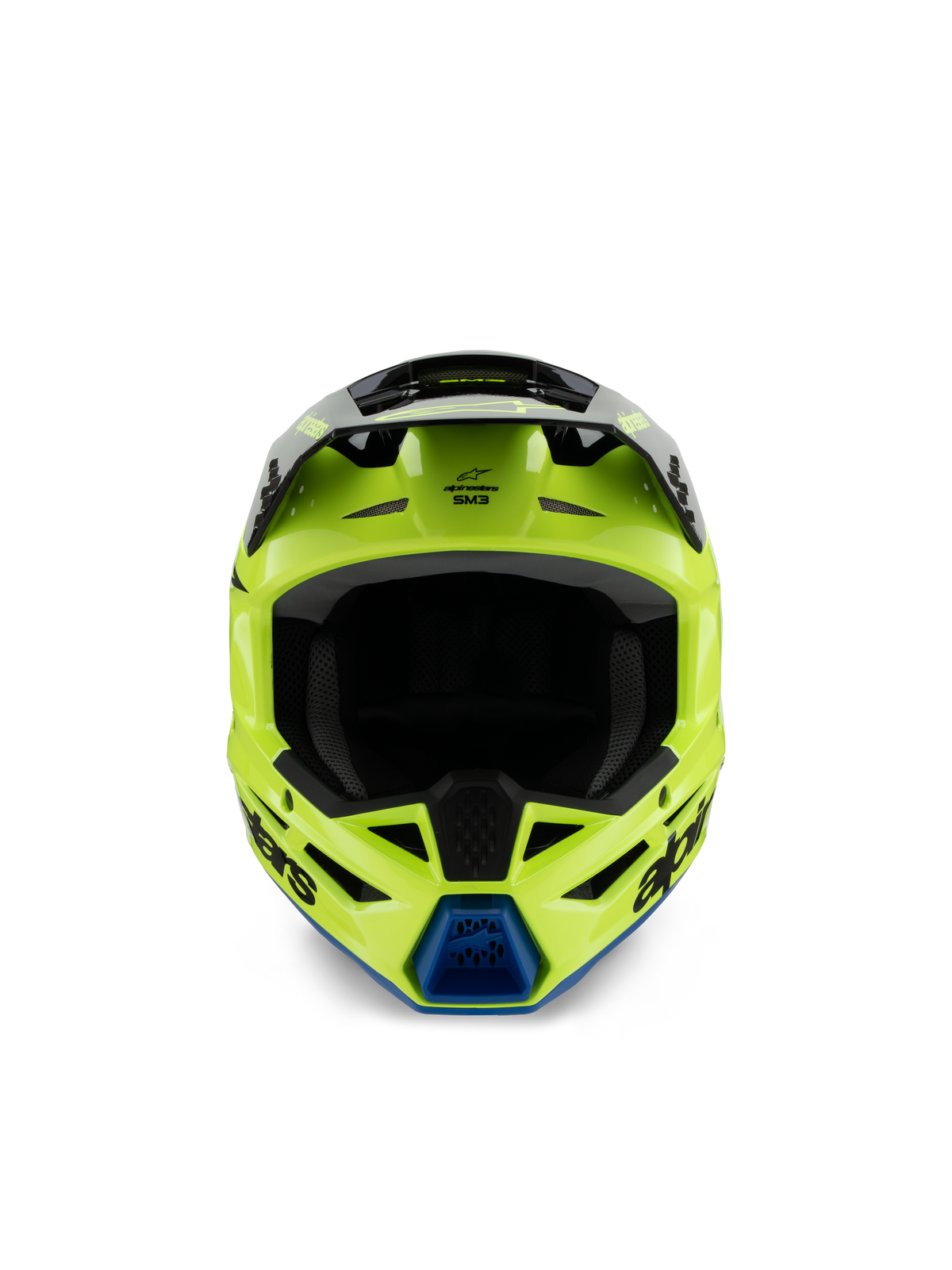 Alpinestars S-M3 Youth Radium Helmet, kask motocrossowy, żółty fluo, czarny i niebieski, widok z przodu ukazujący czarny daszek i niebieski wlot powietrza na szczęce, wyraziste logo Alpinestars, smukły profil aerodynamiczny do młodzieżowych wyścigów off-road