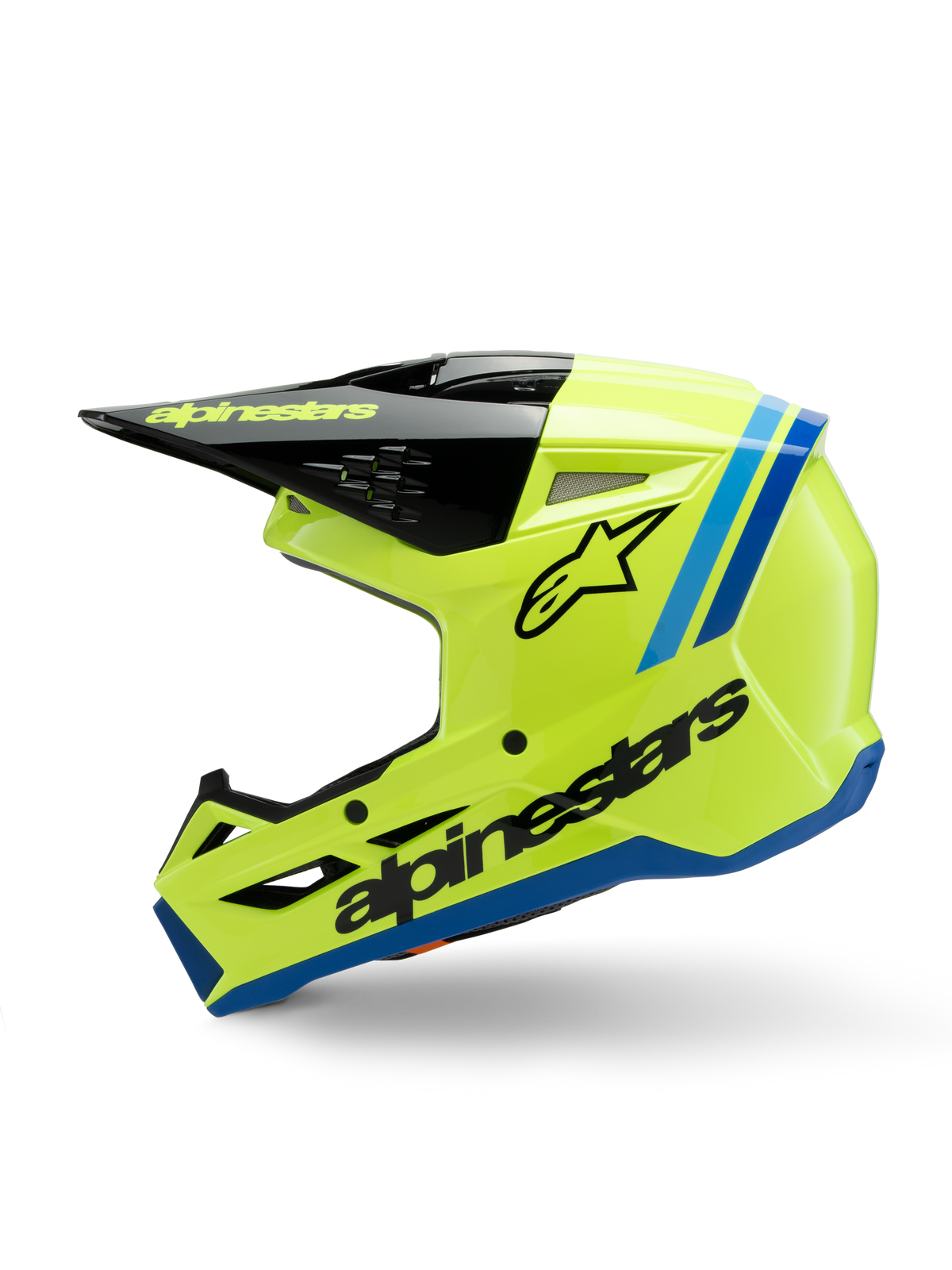 Alpinestars S-M3 Youth Radium Helmet, kask motocrossowy, jaskrawy neonowy żółty z niebieskimi i czarnymi akcentami, wyraźne logo Alpinestars, smukły profil aerodynamiczny do młodzieżowych wyścigów off-road
