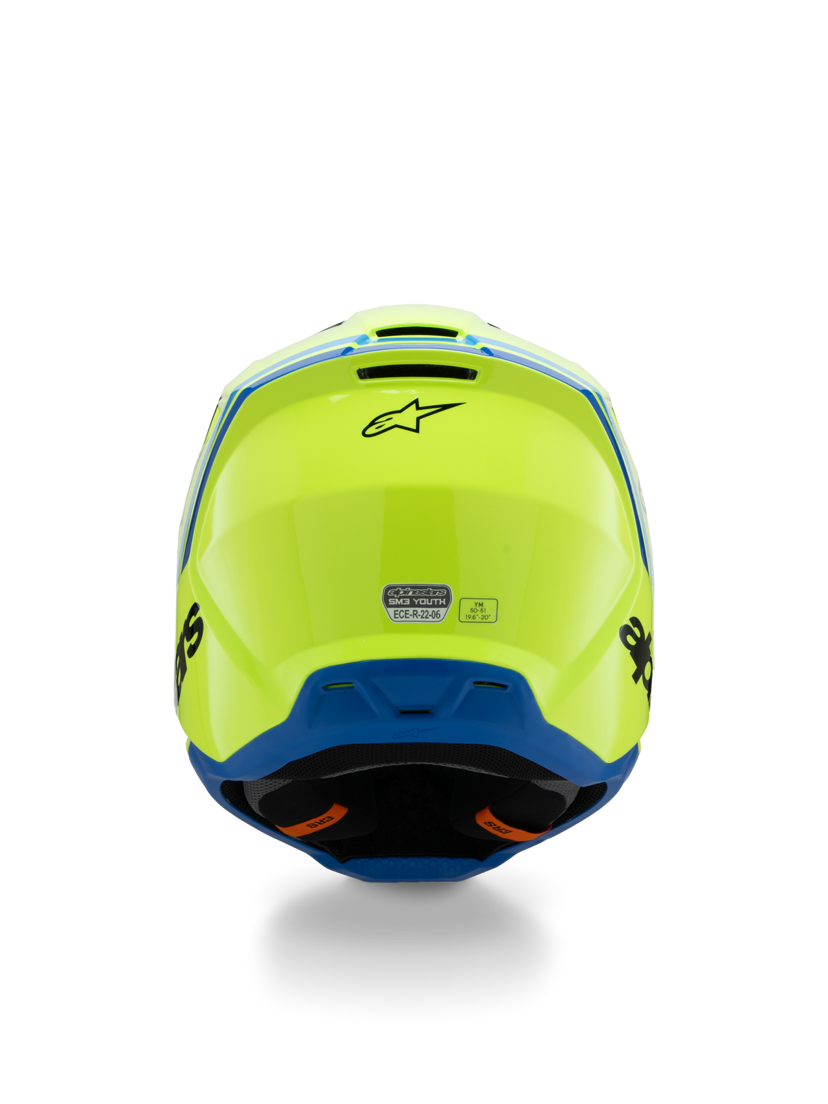 Alpinestars S-M3 Youth Radium Helmet ECE 22.06, kask motocrossowy, żółty neonowy i niebieski, widok z tyłu z czarnym logo Alpinestars i naklejką certyfikacyjną ECE, aerodynamiczna konstrukcja skorupy do wyścigów terenowych