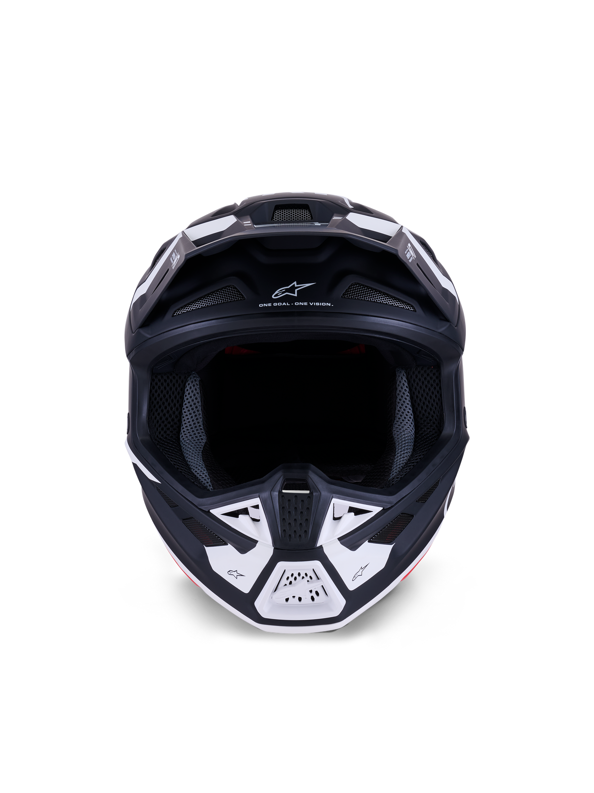 Kask Alpinestars S-M7 Dasher ECE 22.06, kask motocrossowy, matowy czarno-biały, widok z przodu ukazujący otwory wentylacyjne i geometryczne grafiki, zawiera napis „ONE GOAL – ONE VISION”, profesjonalna ochrona do wyścigów off-road