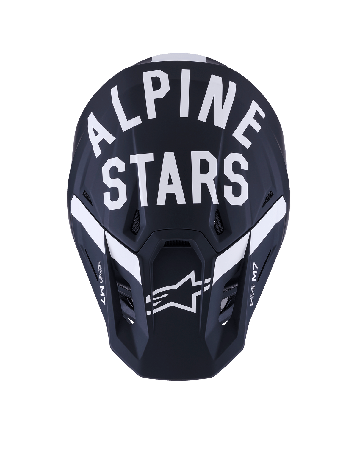 Alpinestars S-M7 Dasher Helmet, Motocross Helmet, Black White Matt, front view with bold white Alpinestars text and star logo, matte finish composite shell with ventilation ports, professional off-road racing gear.