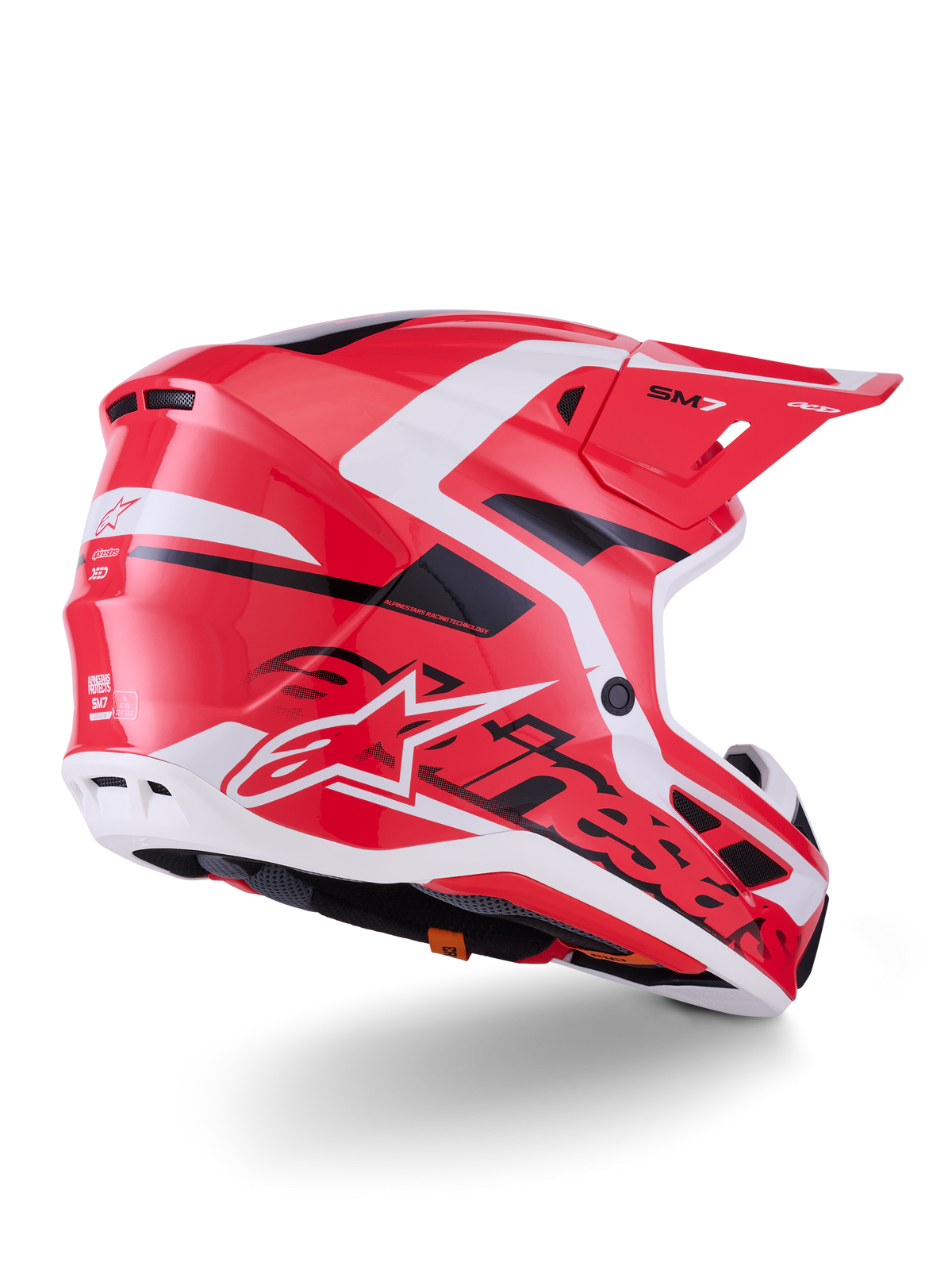 Kask Alpinestars S-M7 Deed, kask motocrossowy, czerwony, czarny i biały połysk, aerodynamiczna skorupa z otworami wentylacyjnymi i wyraźnym brandingiem Alpinestars, widok z tyłu pod kątem trzech czwartych