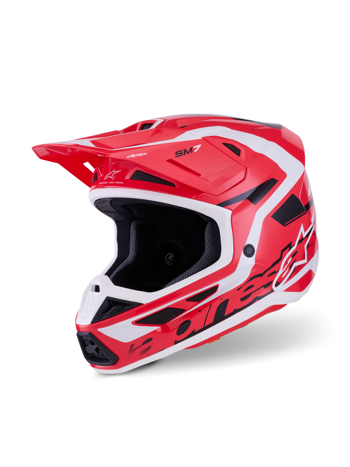 Kask Alpinestars S-M7 Deed, kask motocrossowy, czerwony, czarny i biały z połyskiem, aerodynamiczna skorupa z wyraźnym brandingiem, zintegrowane otwory wentylacyjne i daszek ochronny do wyścigów off-road