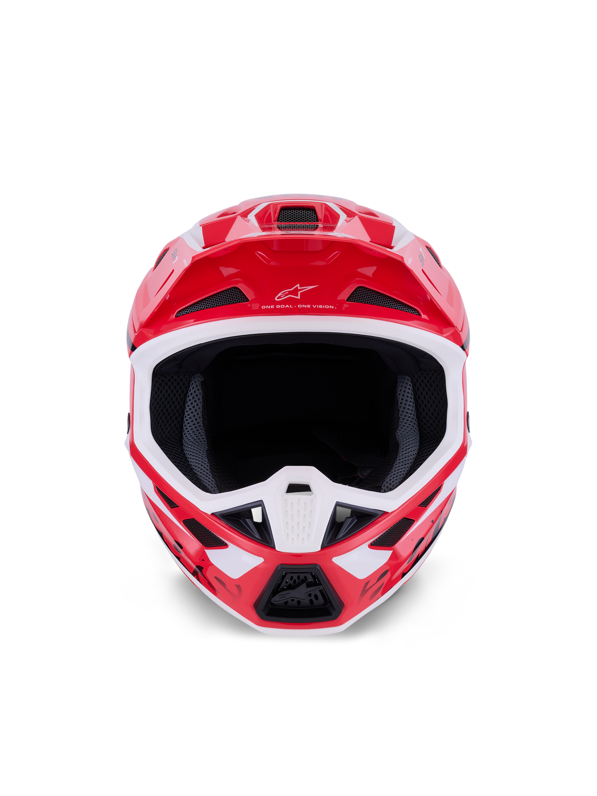 Kask Alpinestars S-M7 Deed, kask motocrossowy, czerwono-czarno-biały, błyszczący, widok z przodu ukazujący duży otwór na gogle i wentylowaną osłonę szczęki, z logo i mottem Alpinestars na daszku, zaprojektowany do ochrony w wyścigach off-road